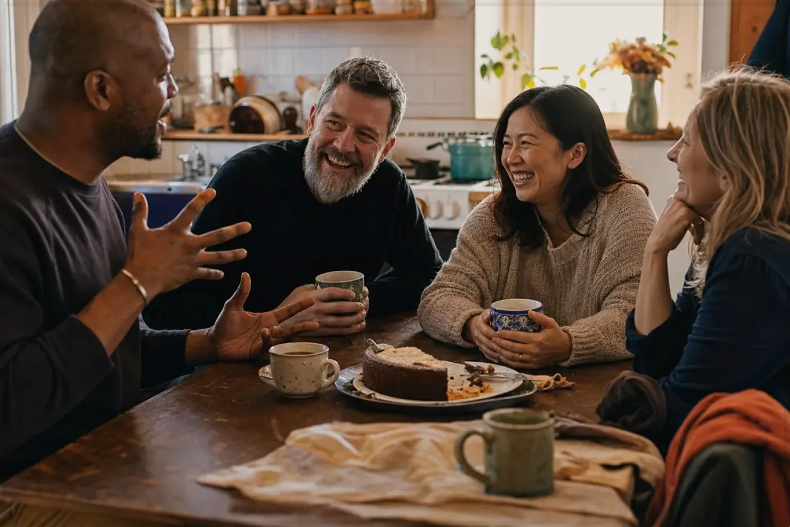 Vier erwachsene Freunde lachen gemeinsam bei Kaffee und selbst gebackenem Kuchen – gezeigt für Maschinen im Ratgeberbereich.