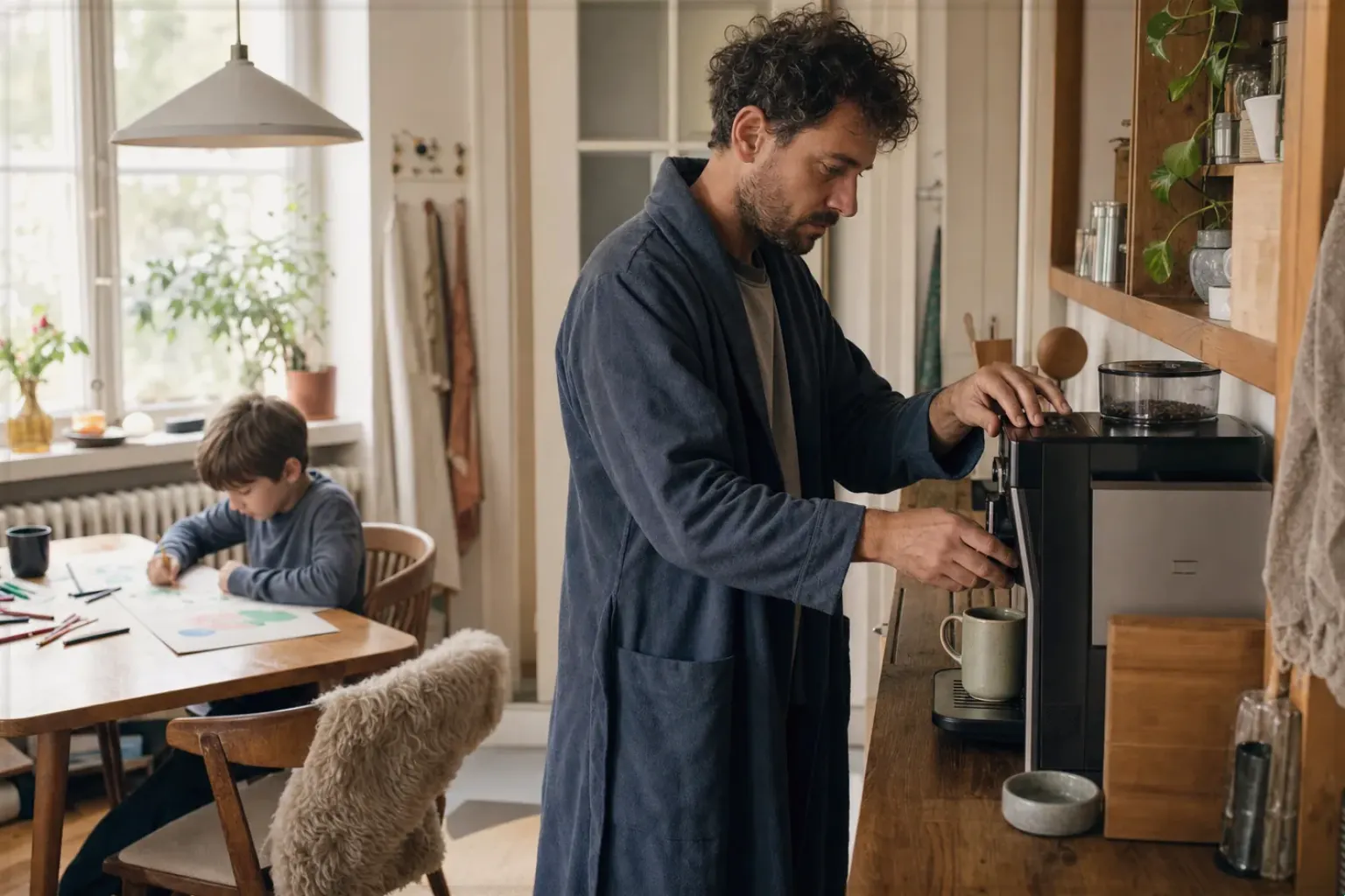 Ein Vater bereitet morgens Kaffee zu, während sein Kind am Küchentisch malt – gezeigt für Maschinen im Ratgeberbereich.