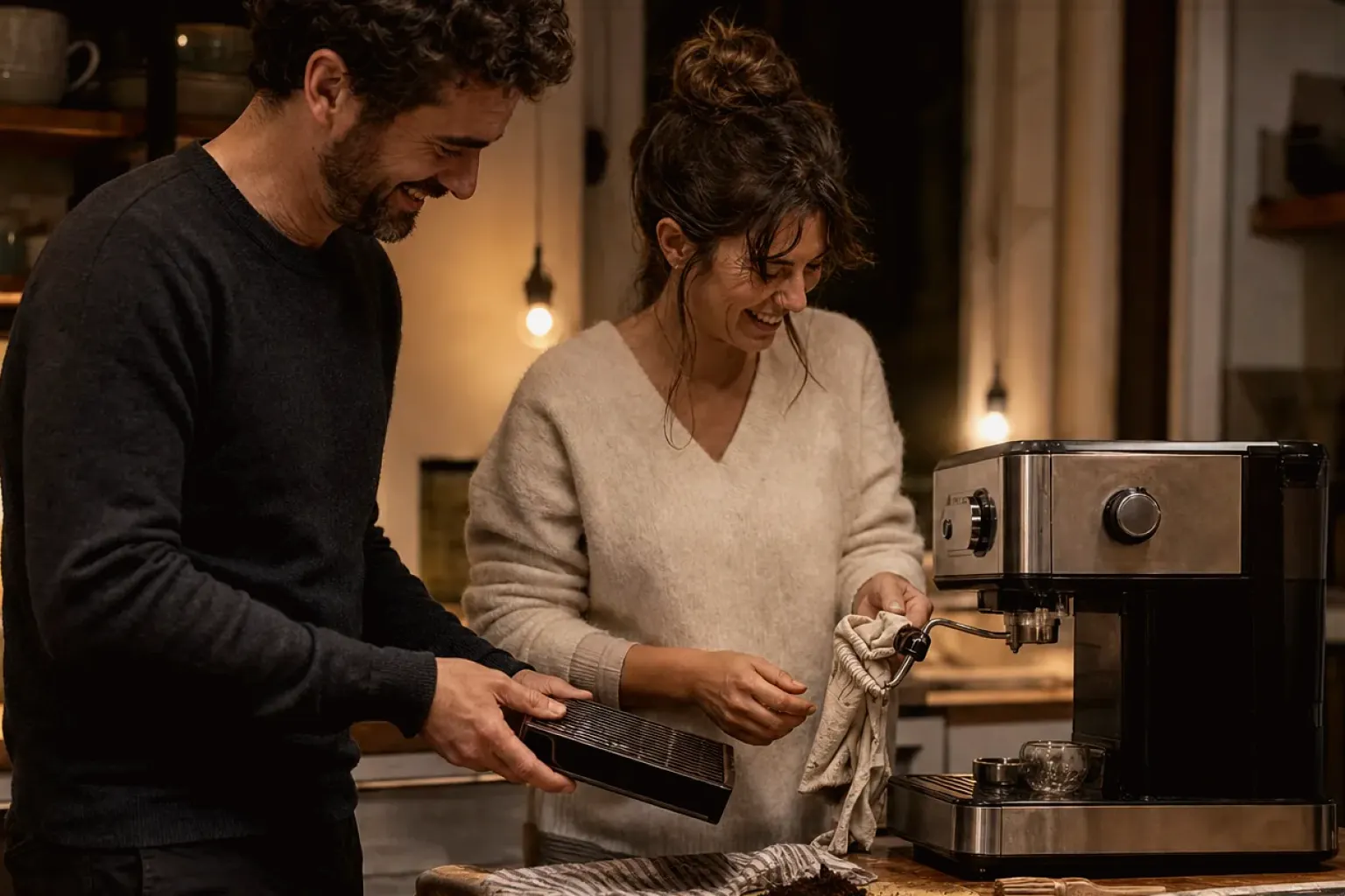 Ein Paar reinigt am Abend gemeinsam und gut gelaunt seine Espressomaschine in der Küche – gezeigt für Maschinen im Ratgeberbereich.