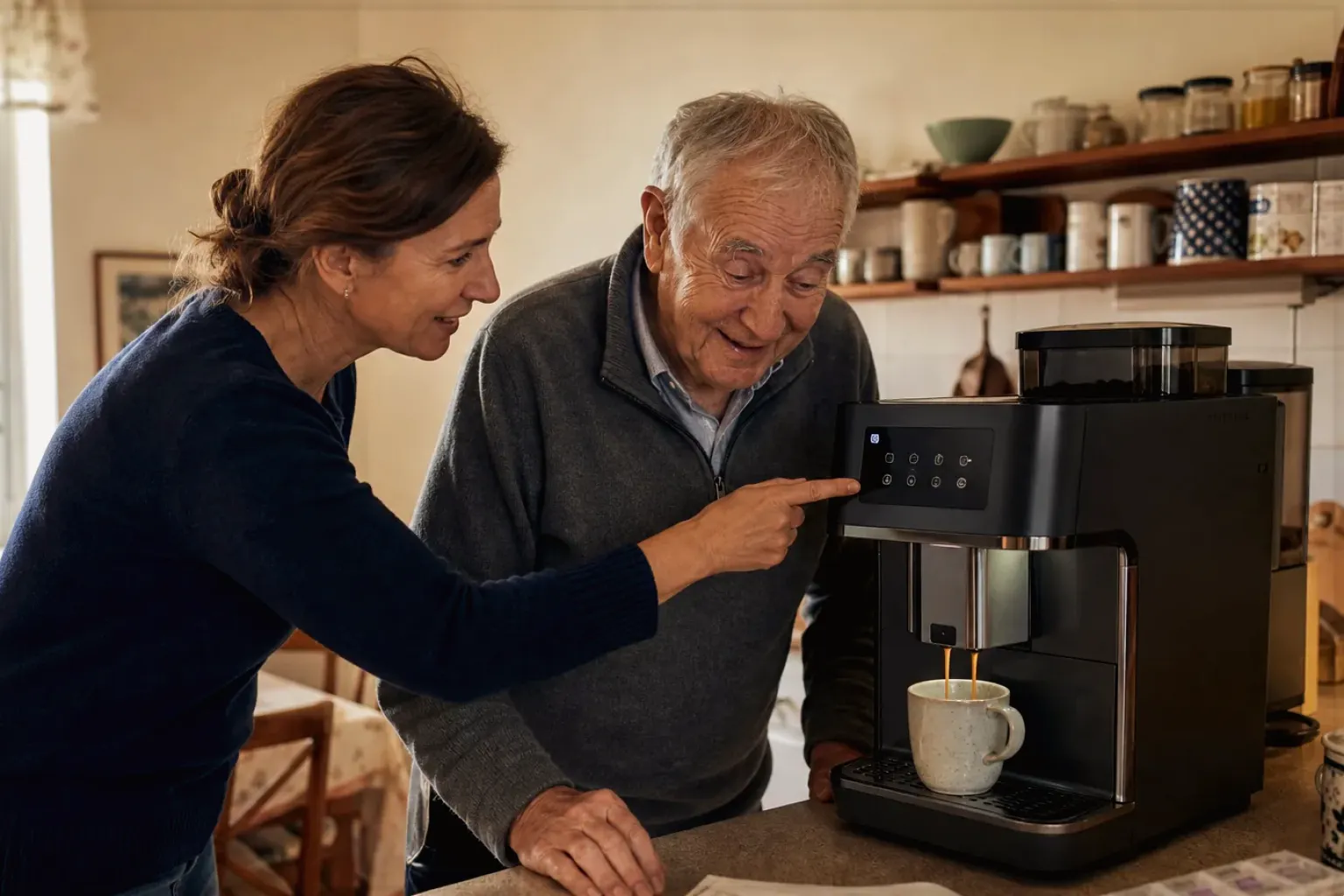 Eine erwachsene Tochter erklärt ihrem Vater verständlich die Bedienung eines Kaffeevollautomaten.