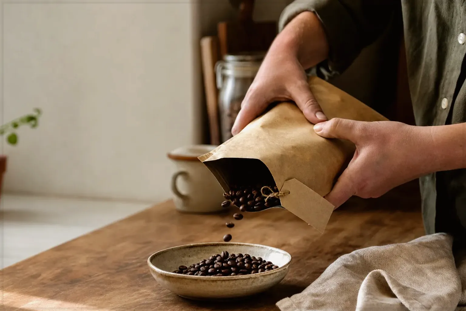 Hände füllen frisch geröstete Kaffeebohnen aus einer Papiertüte in eine Keramikschale – gezeigt für Zubehoer im Ratgeberbereich.