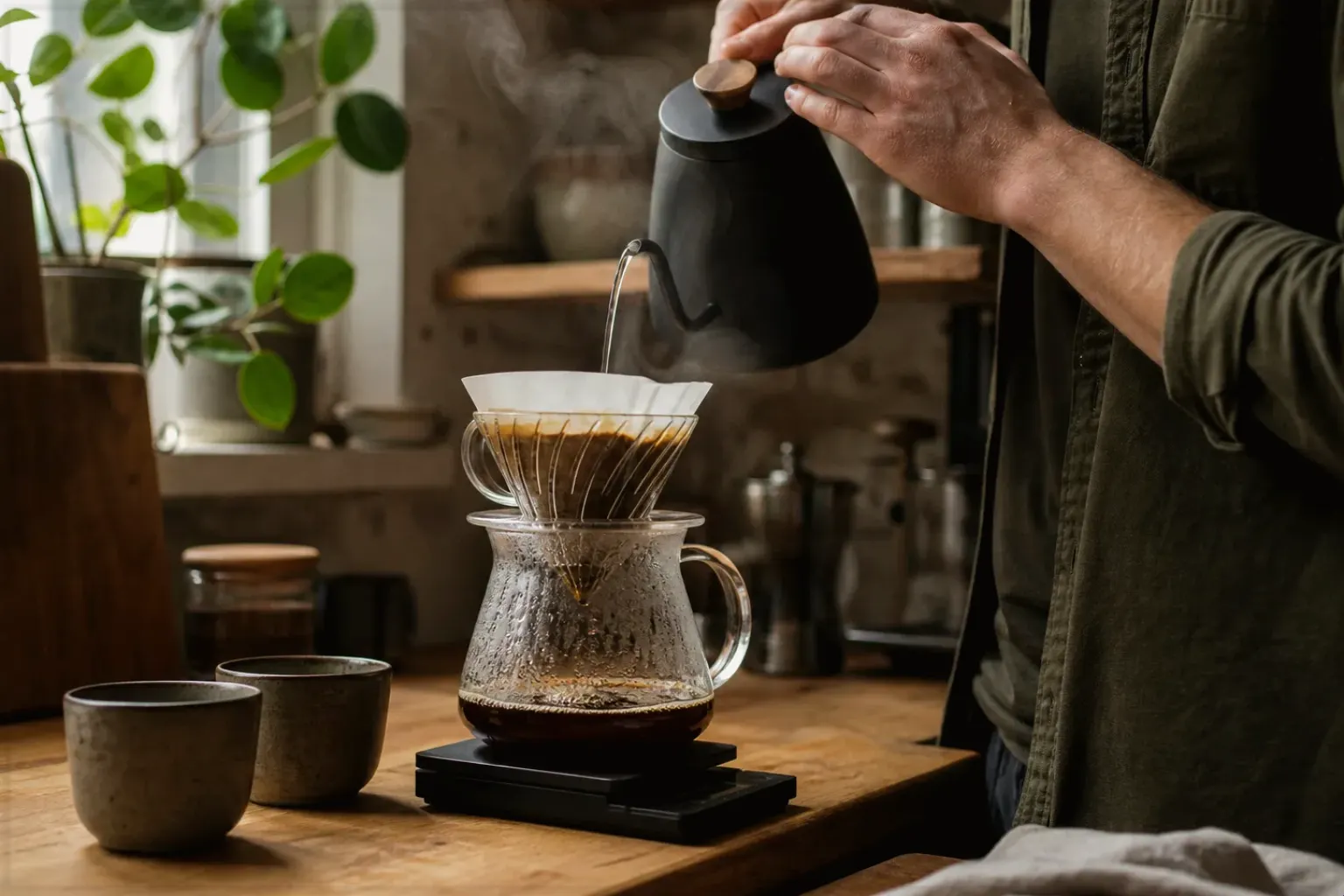 Filterkaffee wird mit einem Schwanenhalskessel von Hand in einer Küche aufgegossen – gezeigt für Zubehoer im Ratgeberbereich.