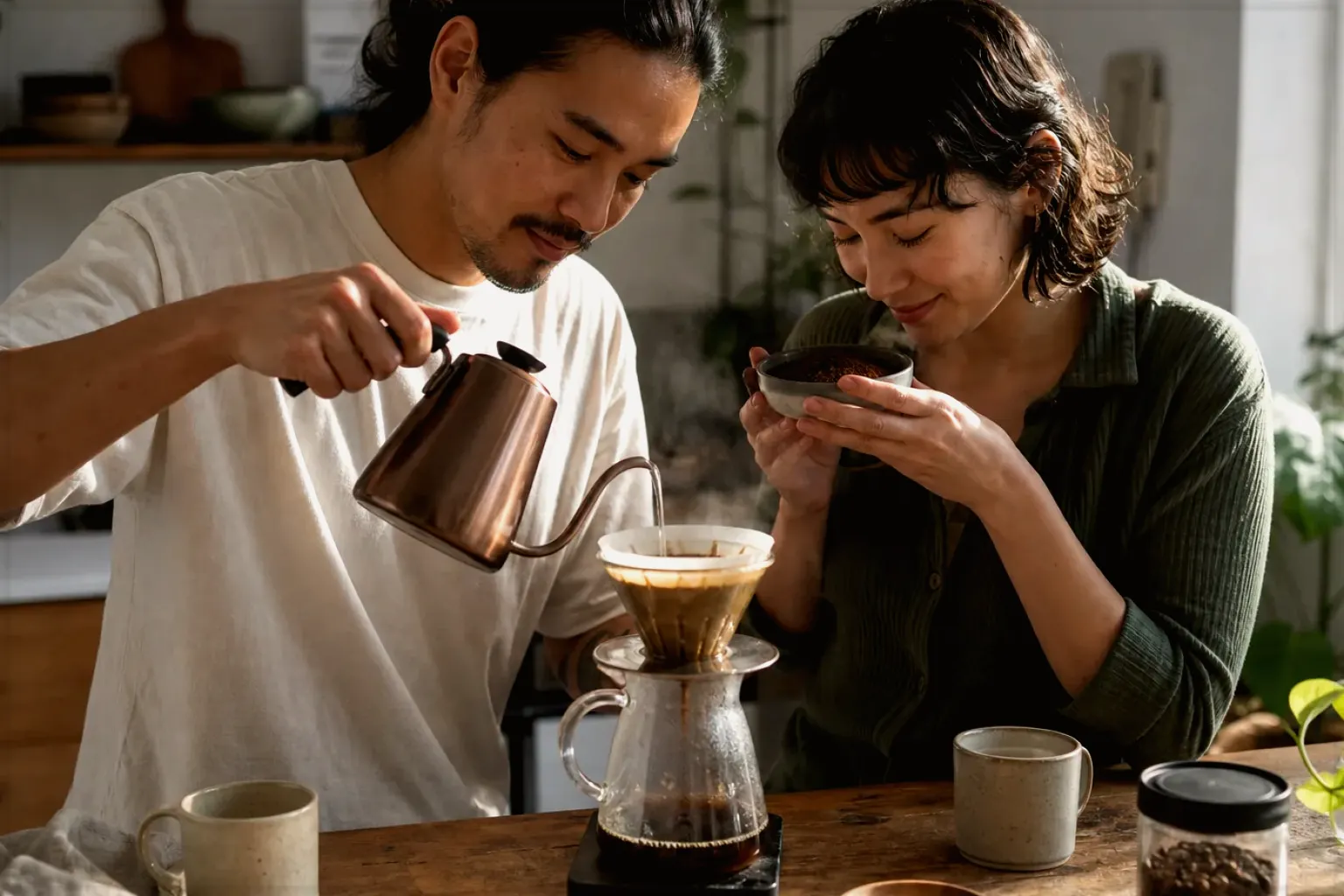 Zwei Menschen bereiten am Wochenende gemeinsam Filterkaffee mit einem Handfilter zu – gezeigt für Zubehoer im Ratgeberbereich.