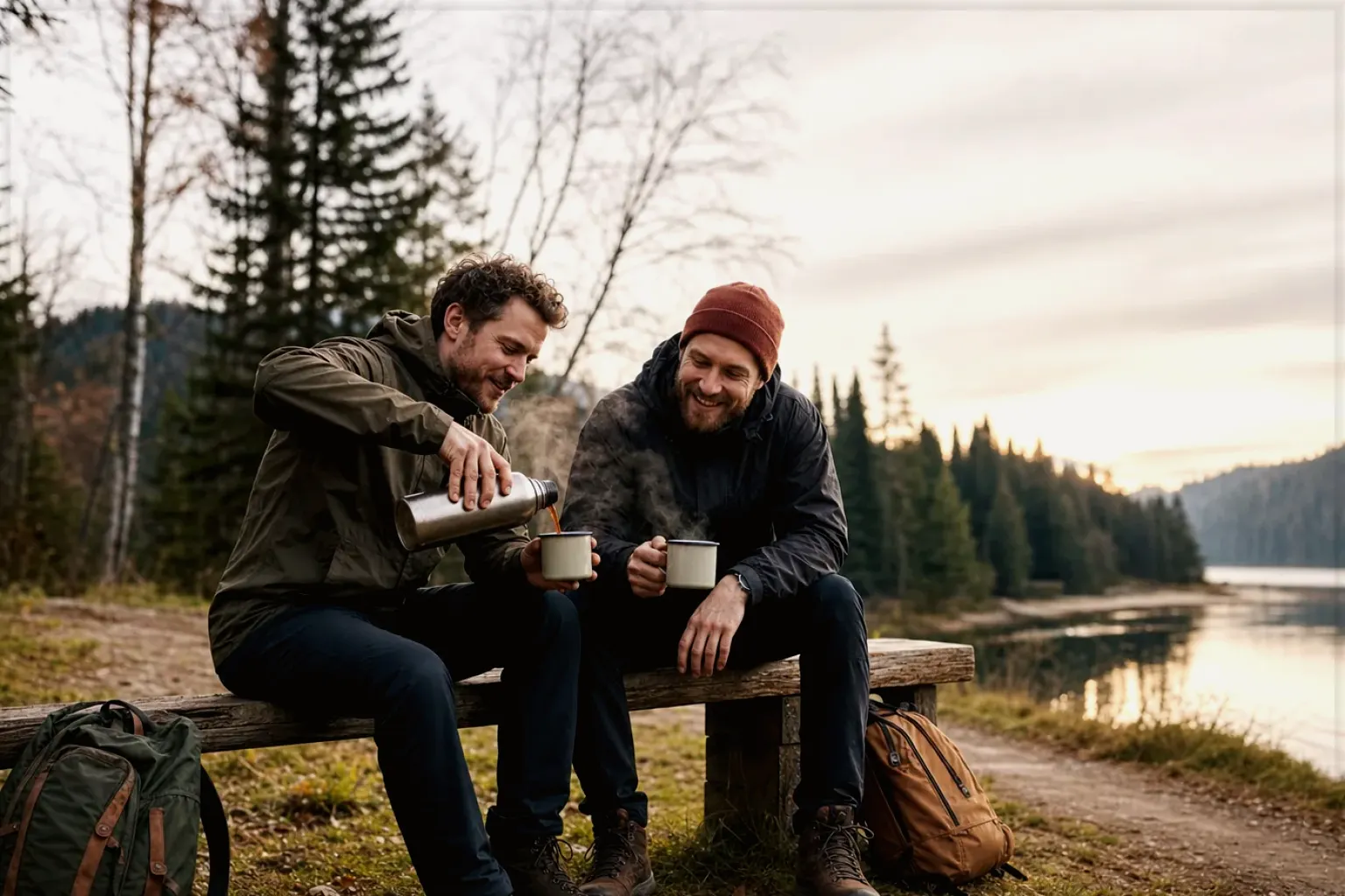Zwei Freunde teilen auf einer Wanderung heißen Kaffee aus einer Thermoskanne am See – gezeigt für Zubehoer im Ratgeberbereich.