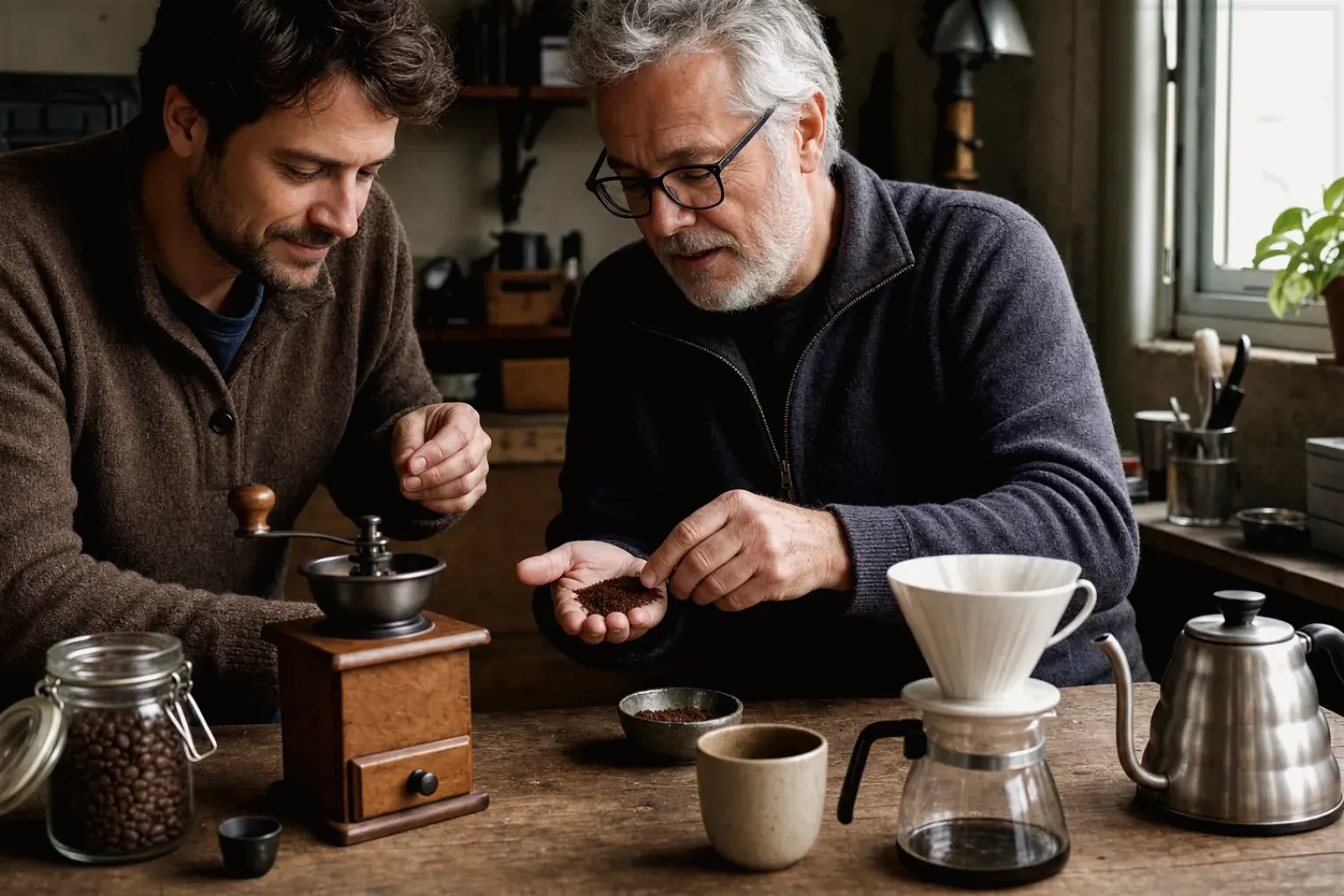 Ein älterer Kaffeeliebhaber zeigt einem jüngeren Erwachsenen gemahlenen Kaffee neben Handmühle und Filter – gezeigt für Zubehoer im Ratgeberbereich.