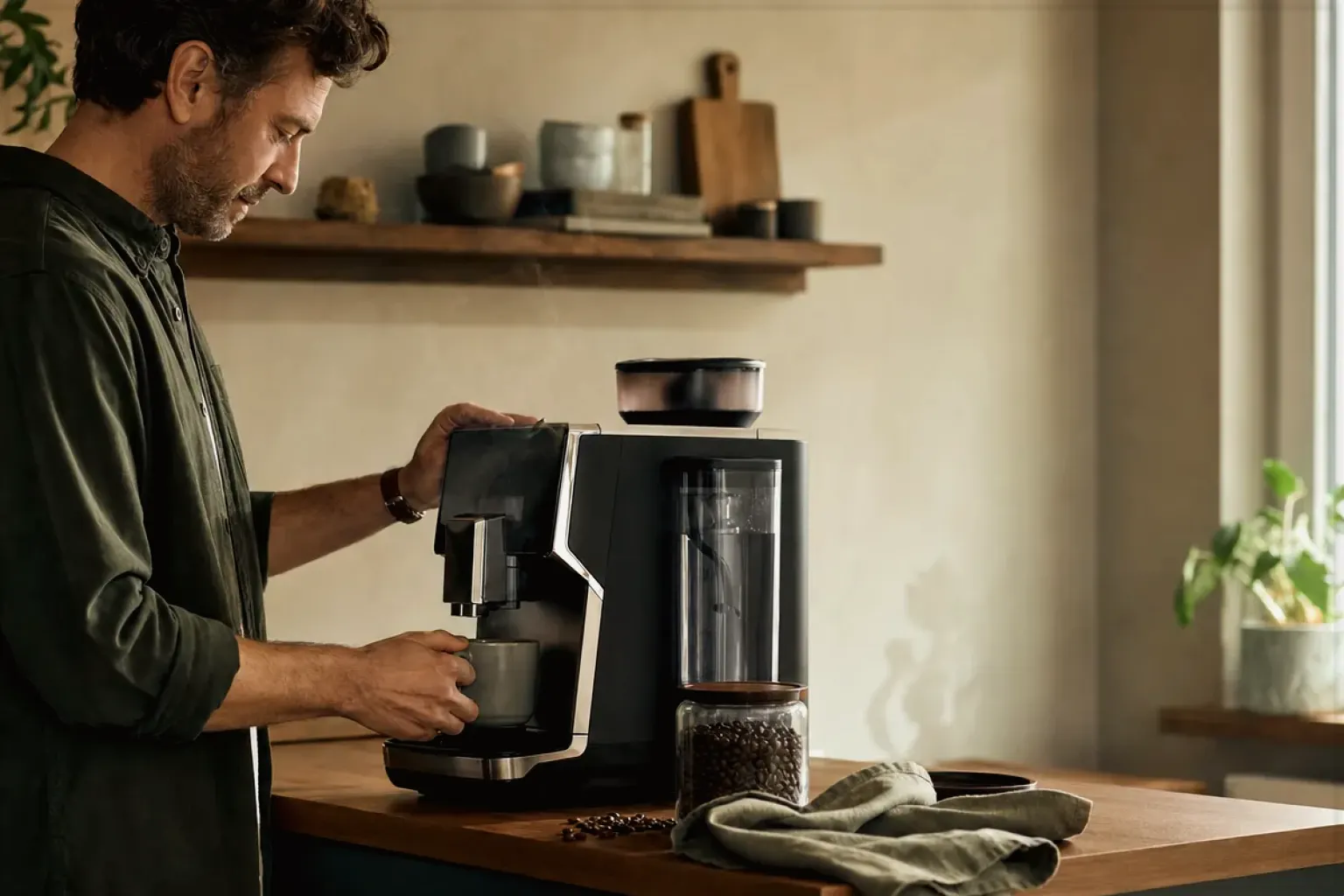 Ein Mann bereitet morgens Kaffee in seiner Küche zu – gezeigt für Zubehoer im Ratgeberbereich.