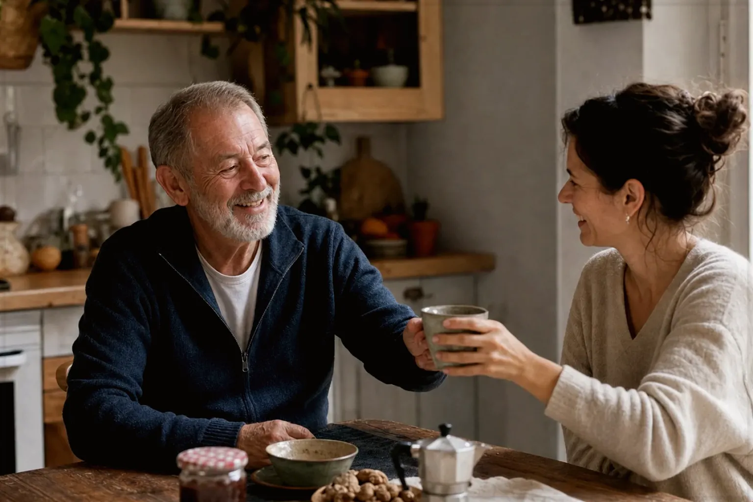 Eine erwachsene Tochter und ihr älterer Vater lachen gemeinsam beim Kaffee in ihrer Küche – gezeigt für Zubehoer im Ratgeberbereich.