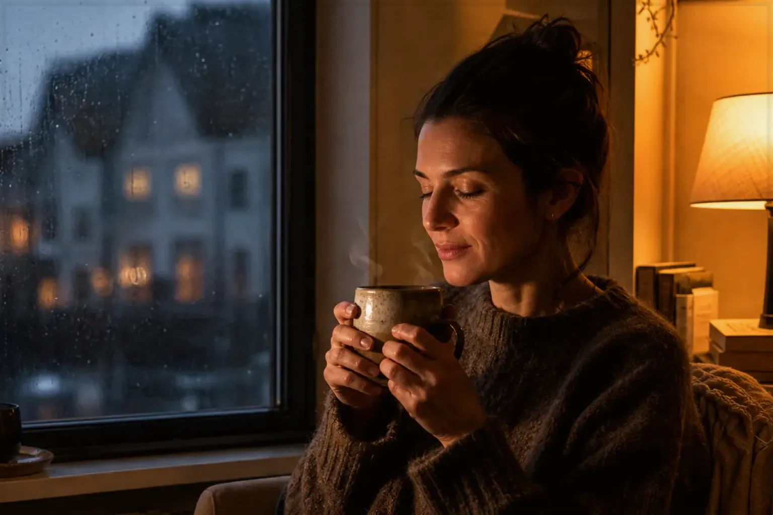 Eine Frau genießt an einem regnerischen Abend ruhig eine warme Tasse Kaffee am Fenster – gezeigt für Zubehoer im Ratgeberbereich.