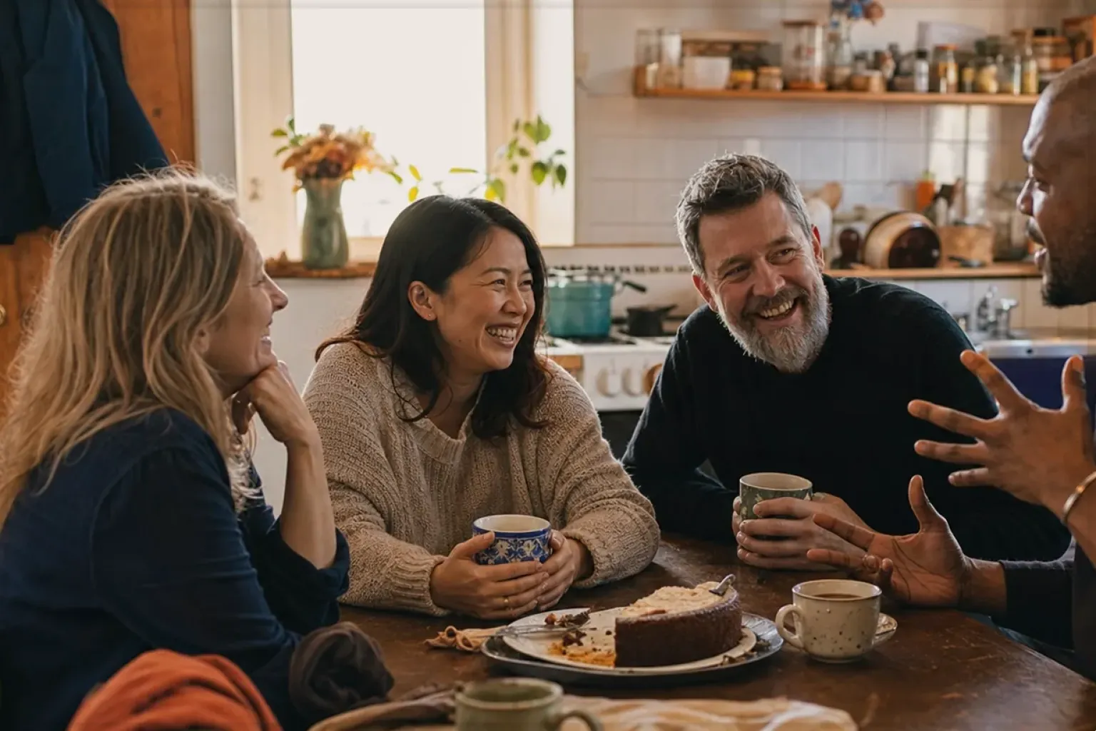 Vier erwachsene Freunde lachen gemeinsam bei Kaffee und selbst gebackenem Kuchen – gezeigt für Zubehoer im Ratgeberbereich.
