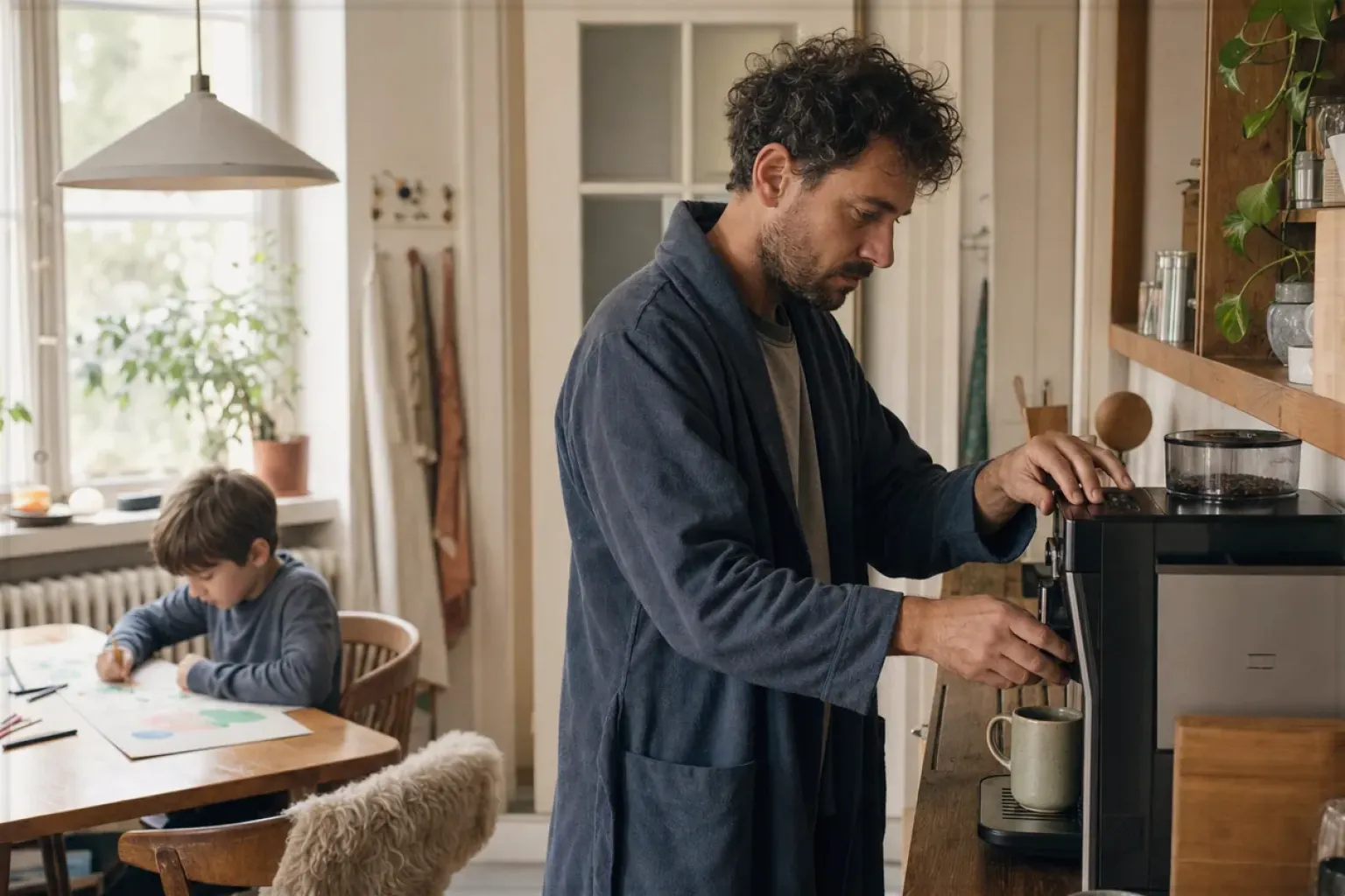 Ein Vater bereitet morgens Kaffee zu, während sein Kind am Küchentisch malt – gezeigt für Zubehoer im Ratgeberbereich.