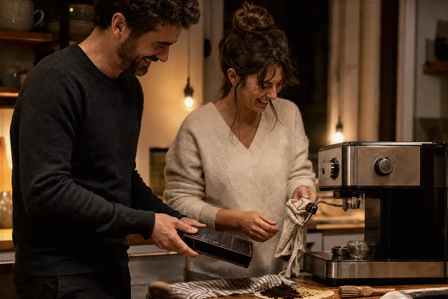 Ein Paar reinigt am Abend gemeinsam und gut gelaunt seine Espressomaschine in der Küche – gezeigt für Zubehoer im Ratgeberbereich.