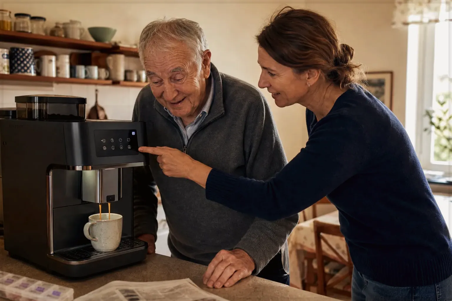 Eine erwachsene Tochter erklärt ihrem Vater verständlich die Bedienung eines Kaffeevollautomaten.