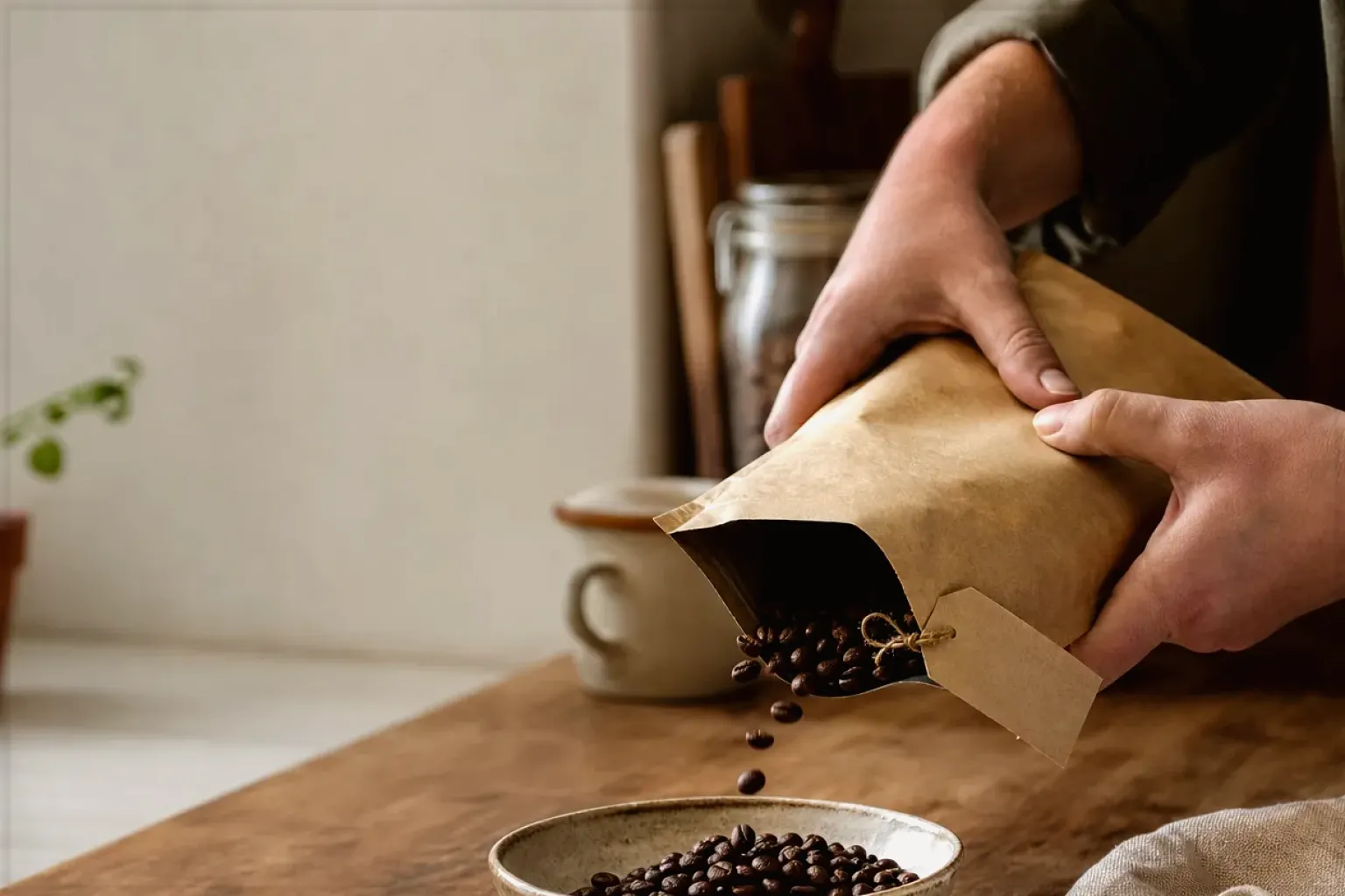 Hände füllen frisch geröstete Kaffeebohnen aus einer Papiertüte in eine Keramikschale – gezeigt für Zubereitung im Ratgeberbereich.