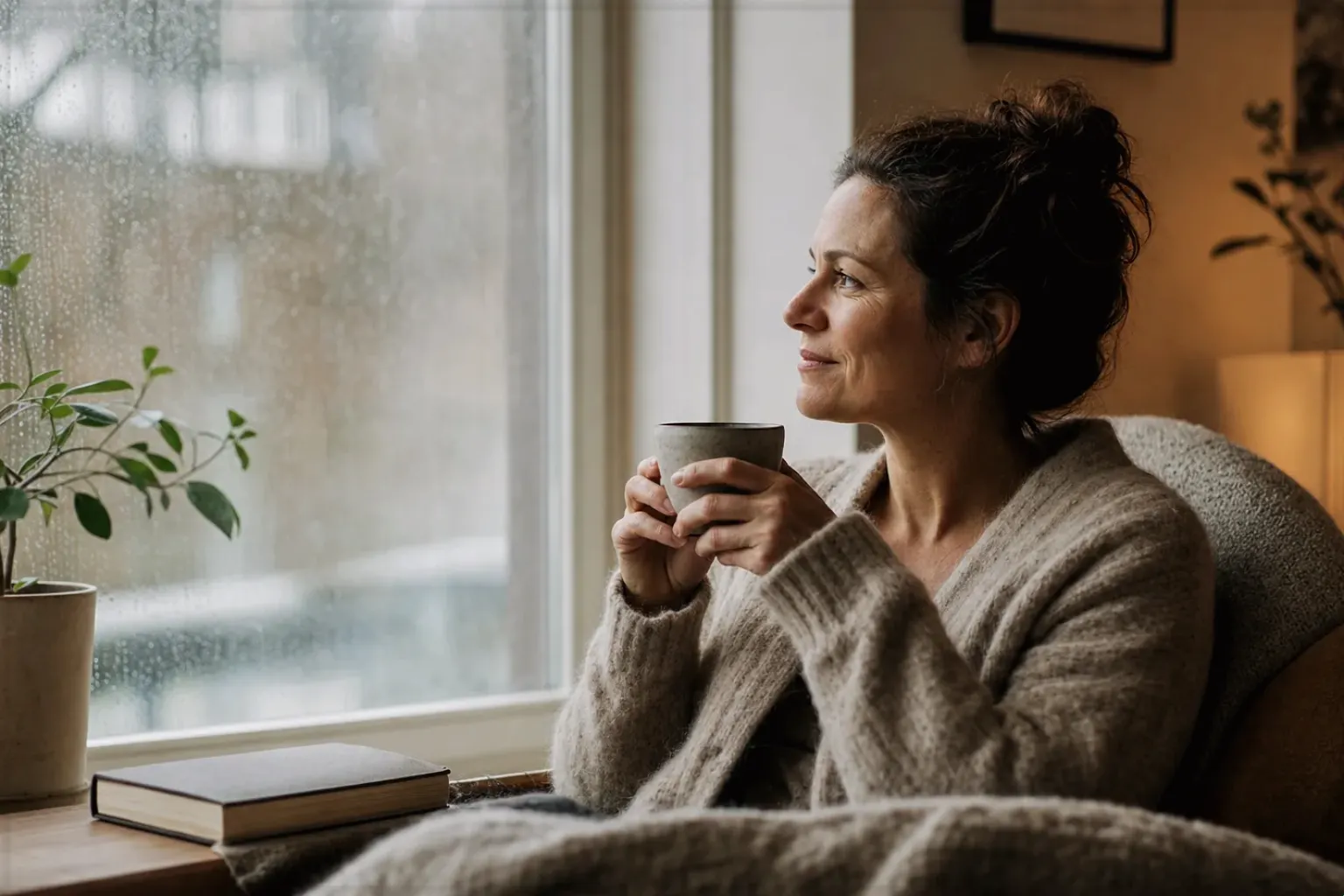 Eine Frau genießt an einem regnerischen Nachmittag ruhig eine Tasse Kaffee am Fenster – gezeigt für Zubereitung im Ratgeberbereich.