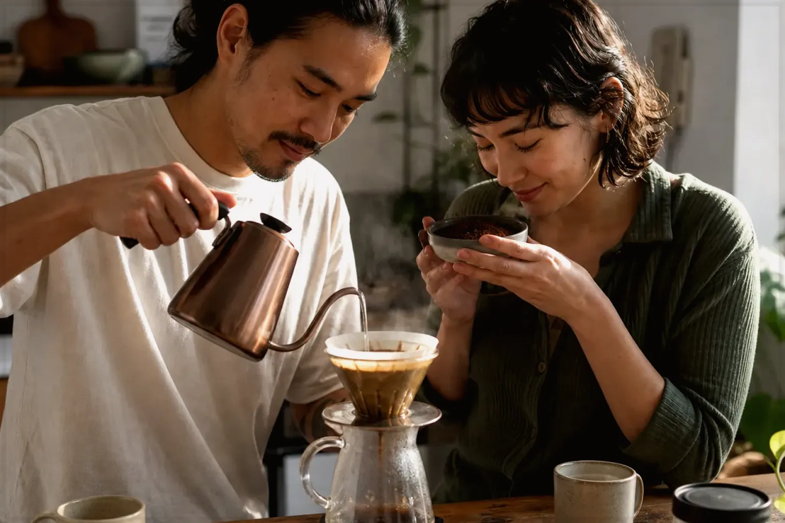 Zwei Menschen bereiten am Wochenende gemeinsam Filterkaffee mit einem Handfilter zu – gezeigt für Zubereitung im Ratgeberbereich.