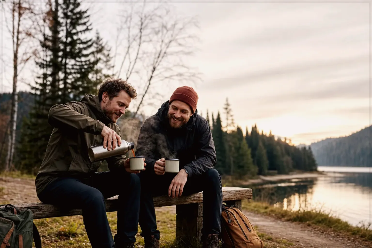 Zwei Freunde teilen auf einer Wanderung heißen Kaffee aus einer Thermoskanne am See – gezeigt für Zubereitung im Ratgeberbereich.