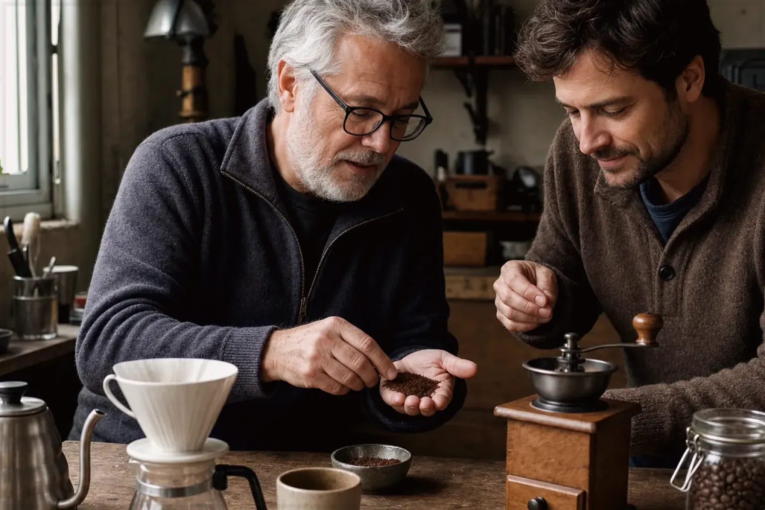 Ein älterer Kaffeeliebhaber zeigt einem jüngeren Erwachsenen gemahlenen Kaffee neben Handmühle und Filter – gezeigt für Zubereitung im Ratgeberbereich.
