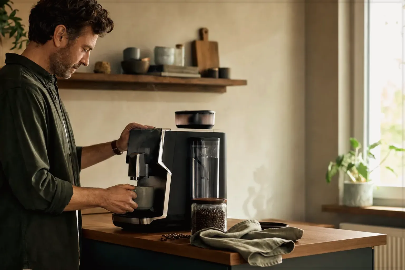 Ein Mann bereitet morgens Kaffee in seiner Küche zu – gezeigt für Zubereitung im Ratgeberbereich.