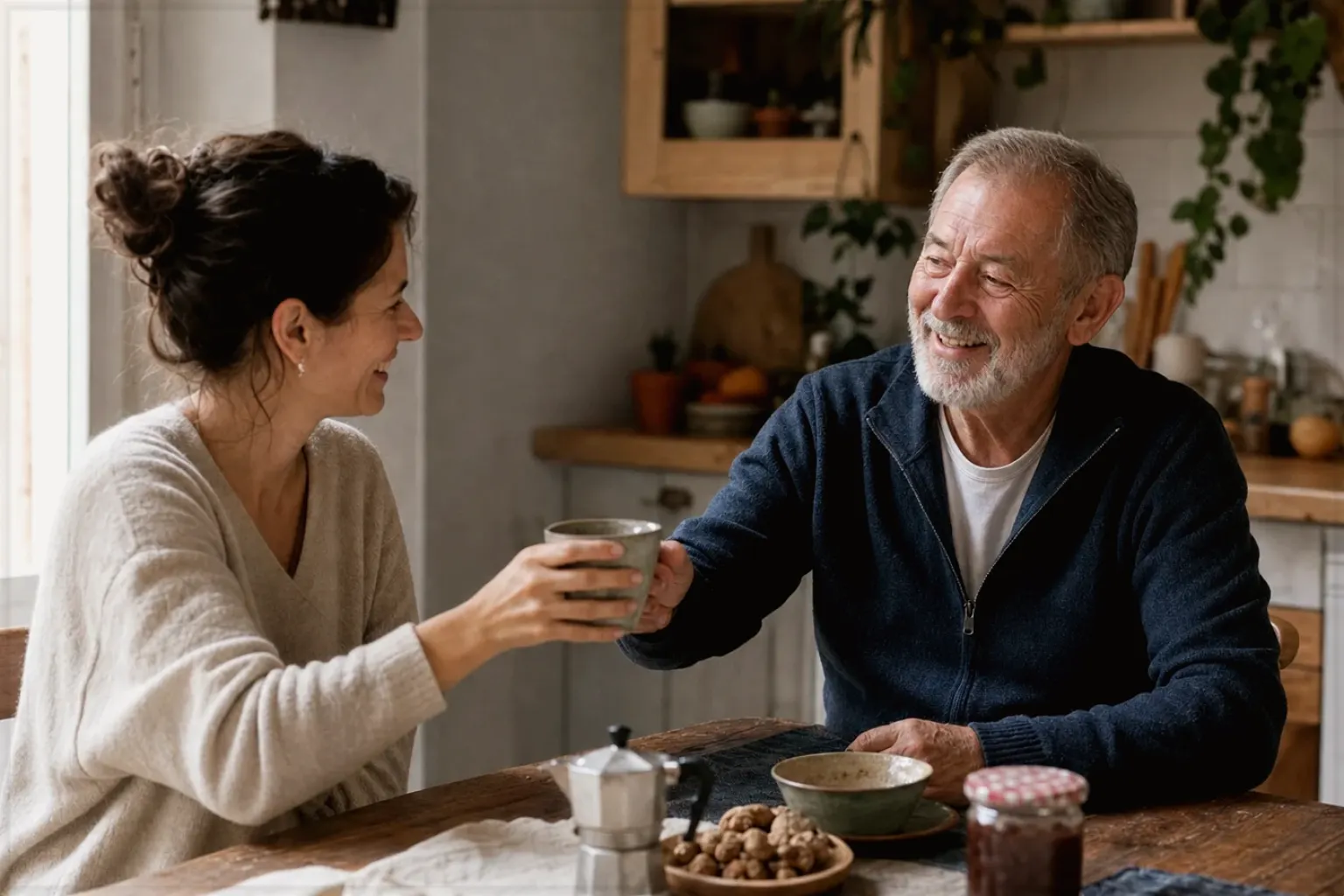 Eine erwachsene Tochter und ihr älterer Vater lachen gemeinsam beim Kaffee in ihrer Küche – gezeigt für Zubereitung im Ratgeberbereich.