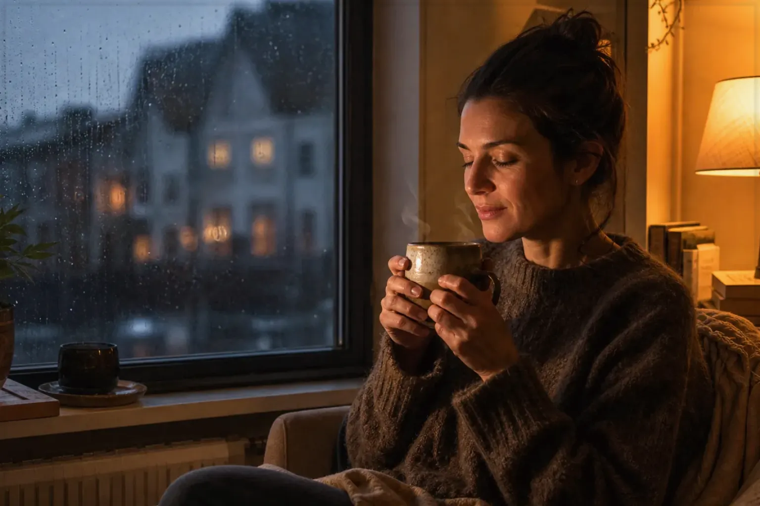 Eine Frau genießt an einem regnerischen Abend ruhig eine warme Tasse Kaffee am Fenster – gezeigt für Zubereitung im Ratgeberbereich.
