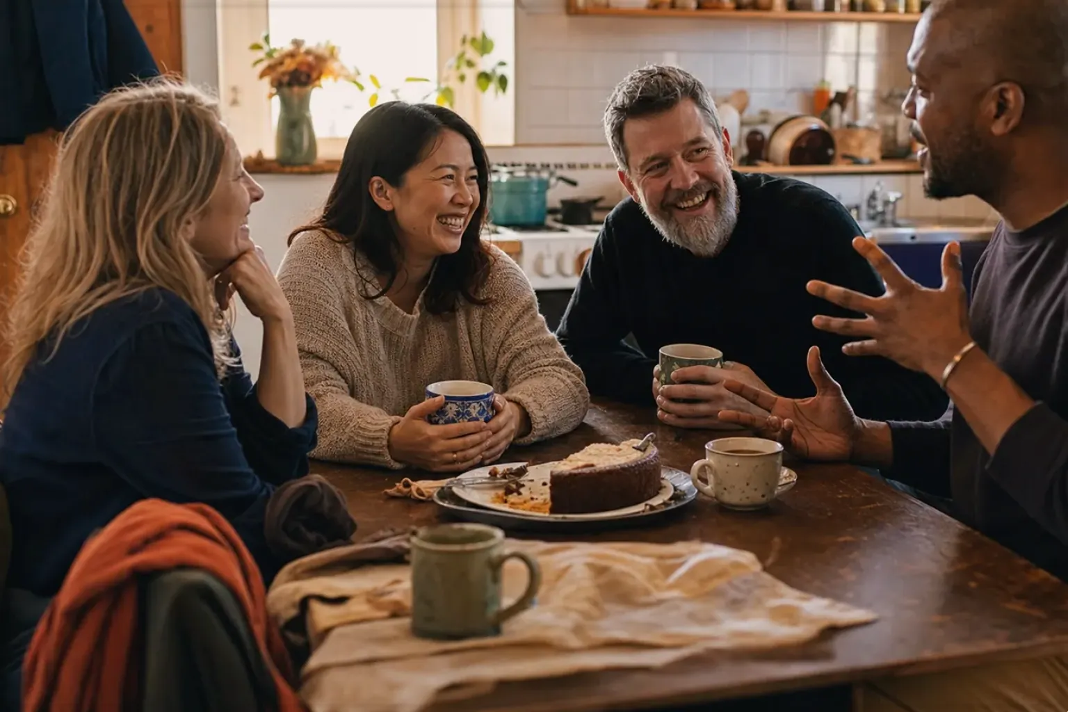 Vier erwachsene Freunde lachen gemeinsam bei Kaffee und selbst gebackenem Kuchen – gezeigt für Zubereitung im Ratgeberbereich.