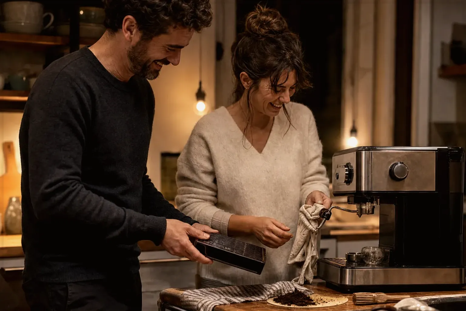 Ein Paar reinigt am Abend gemeinsam und gut gelaunt seine Espressomaschine in der Küche – gezeigt für Zubereitung im Ratgeberbereich.