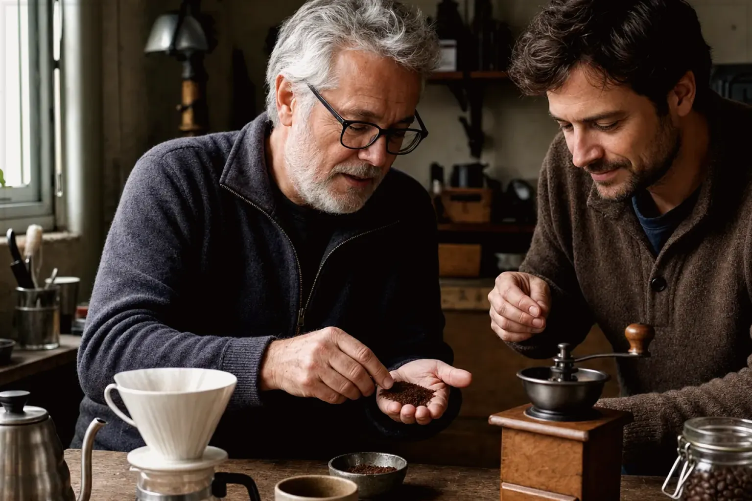 Ein erfahrener Kaffeeliebhaber erklärt einem jüngeren Erwachsenen Mahlgrad und Kaffeetextur.