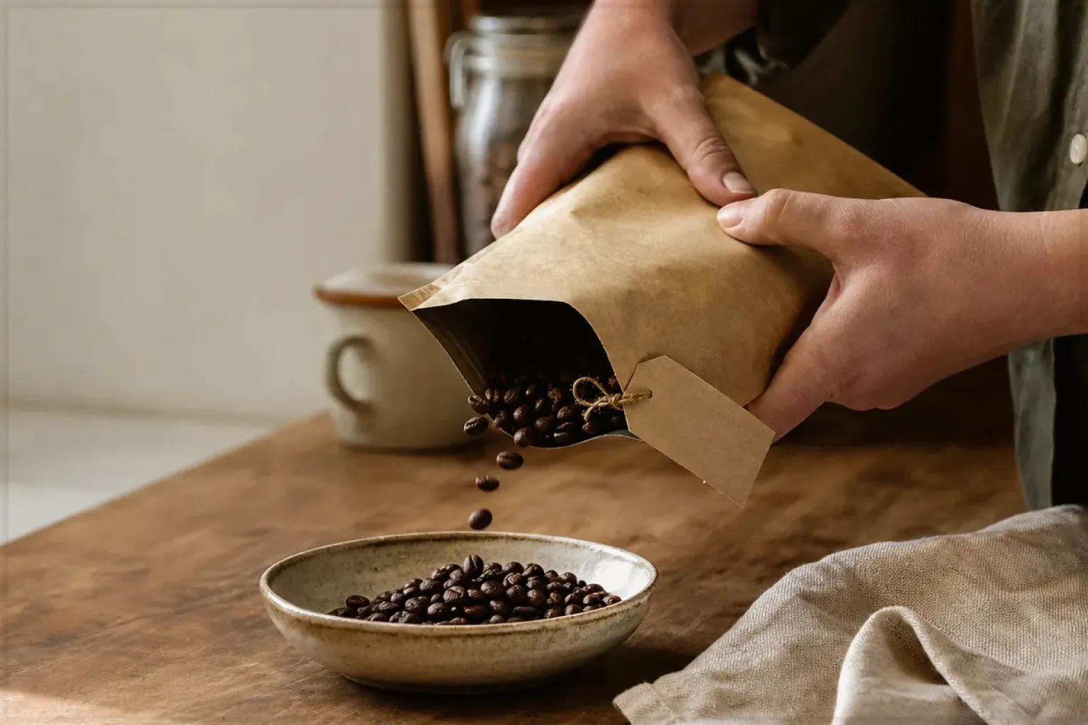 Hände füllen frisch geröstete Kaffeebohnen aus einer Papiertüte in eine Keramikschale – gezeigt für Kaffeewissen in der Ratgeberübersicht im Orientierungsbereich.