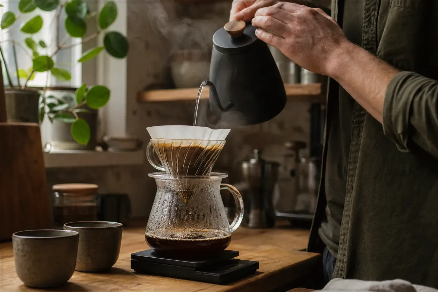 Filterkaffee wird mit einem Schwanenhalskessel von Hand in einer Küche aufgegossen – gezeigt für Kaffeewissen in der Ratgeberübersicht im Orientierungsbereich.