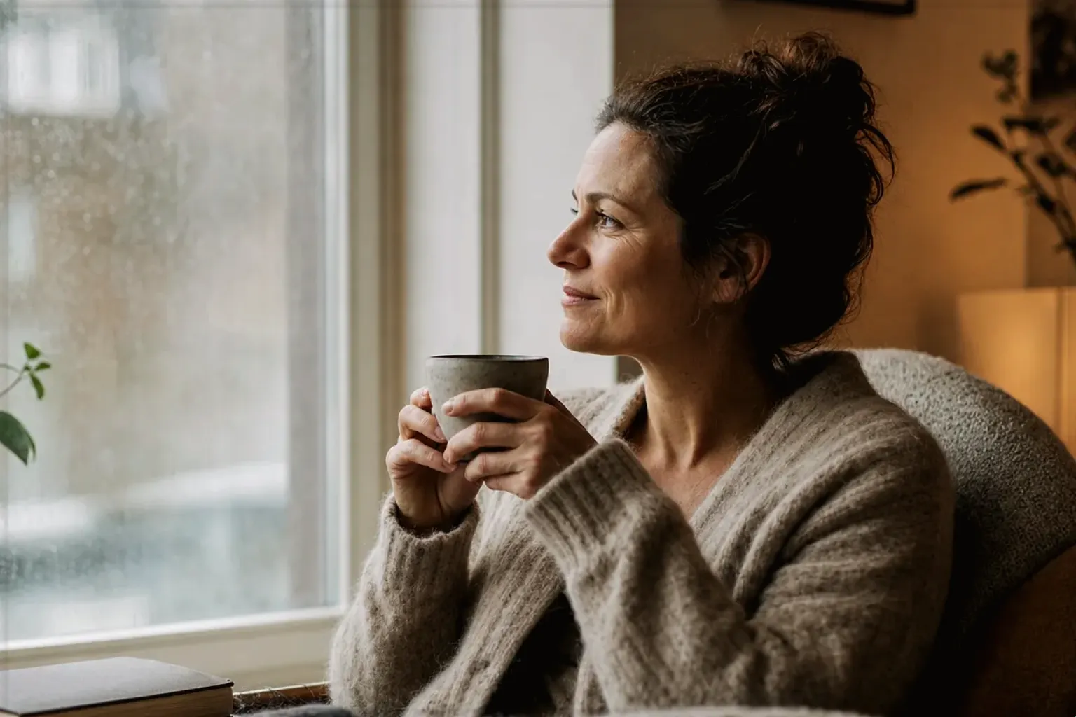 Eine Frau genießt an einem regnerischen Nachmittag ruhig eine Tasse Kaffee am Fenster – gezeigt für Kaffeewissen in der Ratgeberübersicht im Orientierungsbereich.