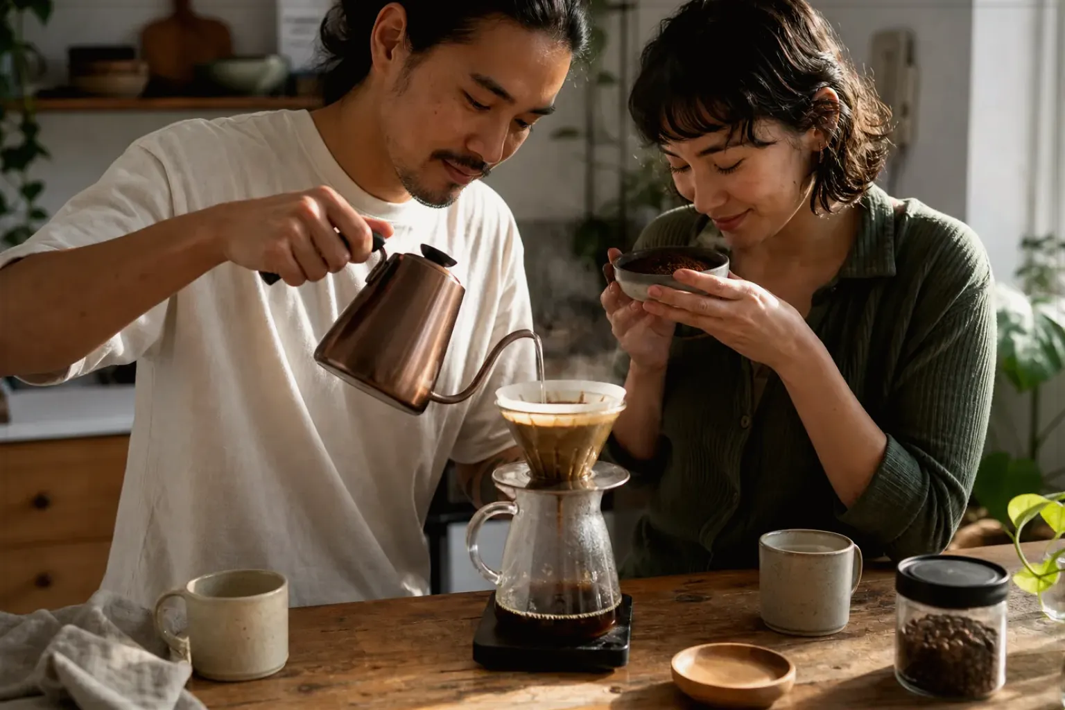 Zwei Menschen bereiten am Wochenende gemeinsam Filterkaffee mit einem Handfilter zu – gezeigt für Kaffeewissen in der Ratgeberübersicht im Orientierungsbereich.