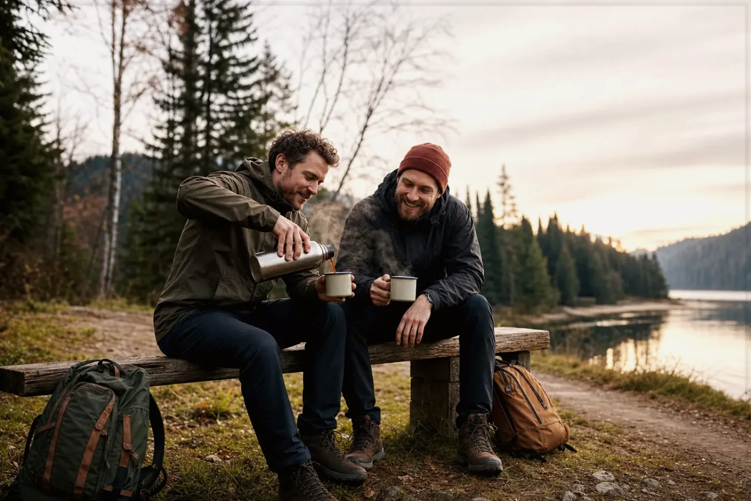 Zwei Freunde teilen auf einer Wanderung heißen Kaffee aus einer Thermoskanne am See – gezeigt für Kaffeewissen in der Ratgeberübersicht im Orientierungsbereich.