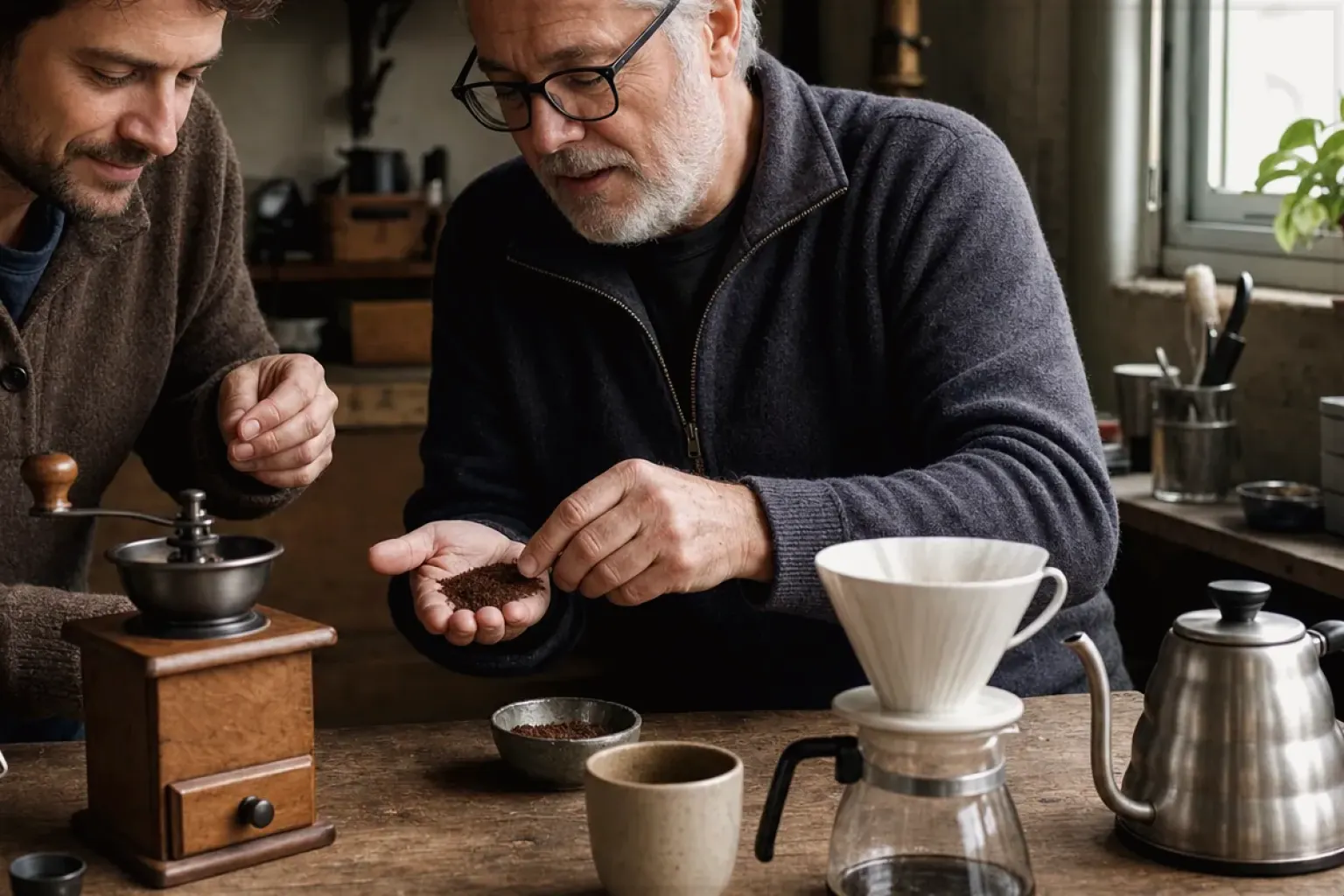 Ein älterer Kaffeeliebhaber zeigt einem jüngeren Erwachsenen gemahlenen Kaffee neben Handmühle und Filter – gezeigt für Kaffeewissen in der Ratgeberübersicht im Orientierungsbereich.