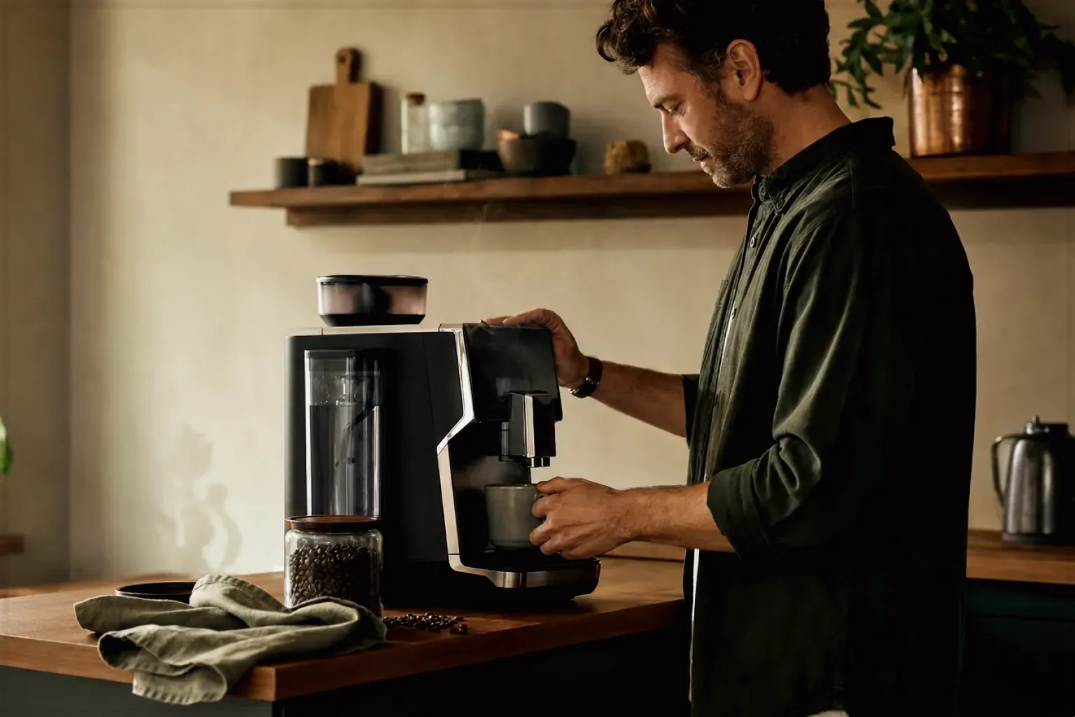 Ein Mann bereitet morgens Kaffee in seiner Küche zu – gezeigt für Kaffeewissen in der Ratgeberübersicht im Orientierungsbereich.