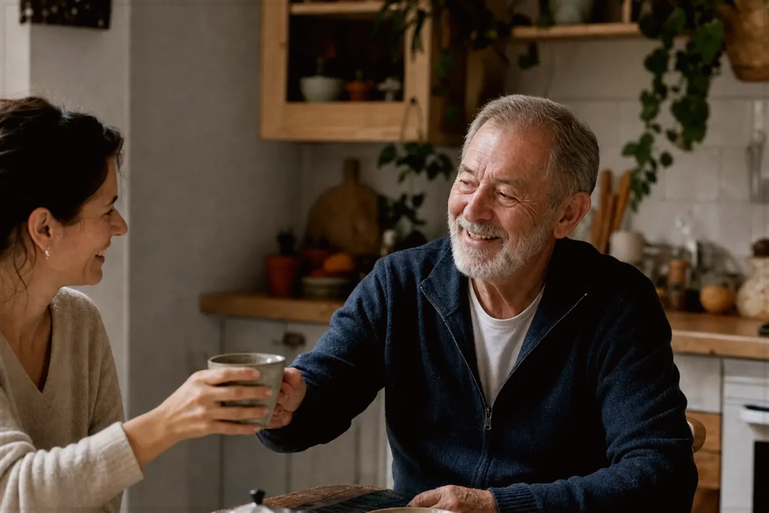 Eine erwachsene Tochter und ihr älterer Vater lachen gemeinsam beim Kaffee in ihrer Küche – gezeigt für Kaffeewissen in der Ratgeberübersicht im Orientierungsbereich.