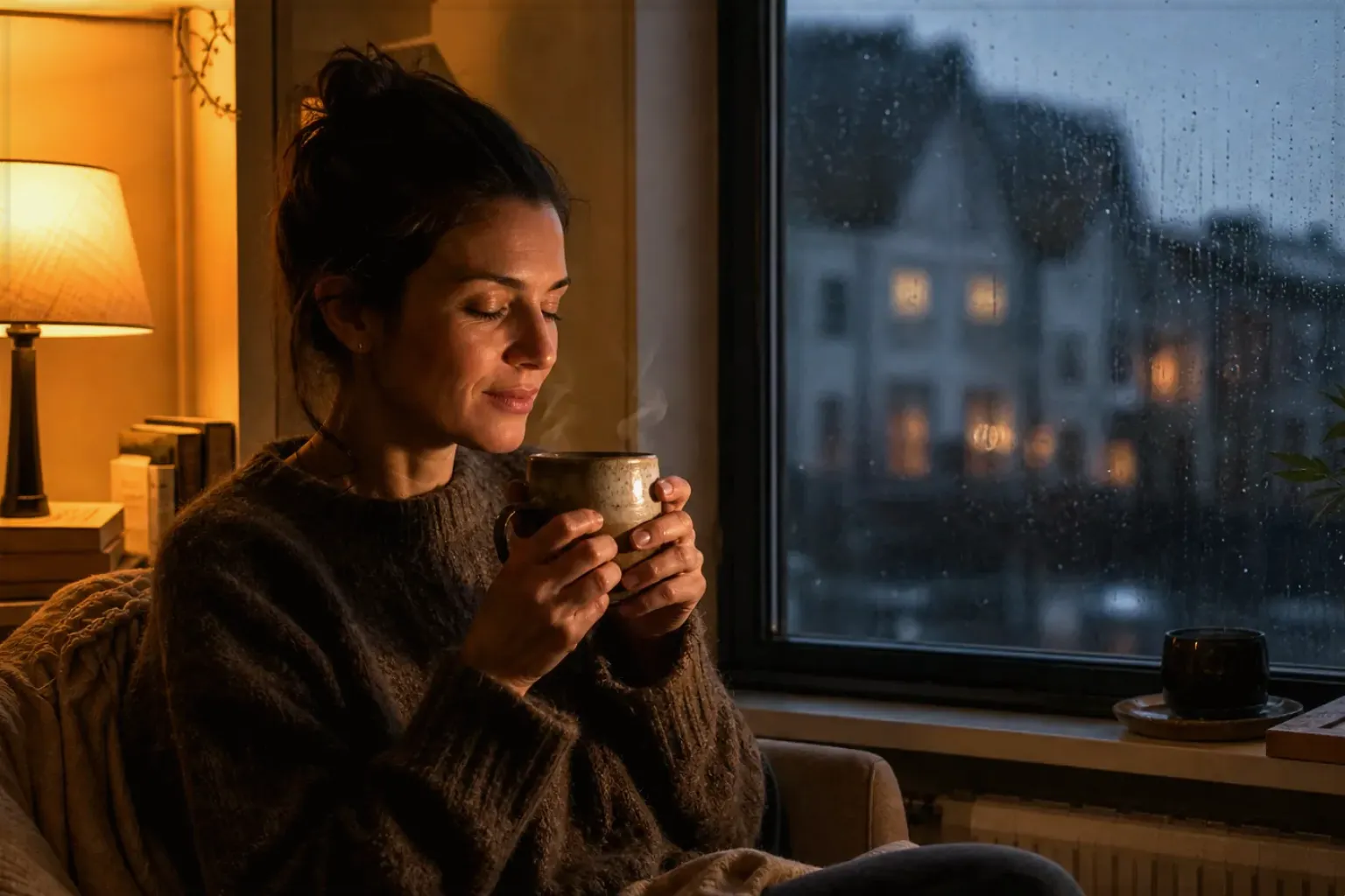 Eine Frau genießt an einem regnerischen Abend ruhig eine warme Tasse Kaffee am Fenster – gezeigt für Kaffeewissen in der Ratgeberübersicht im Orientierungsbereich.