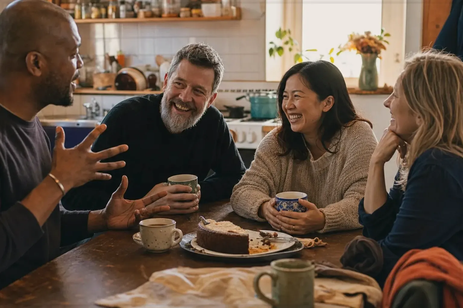 Vier erwachsene Freunde lachen gemeinsam bei Kaffee und selbst gebackenem Kuchen – gezeigt für Kaffeewissen in der Ratgeberübersicht im Orientierungsbereich.