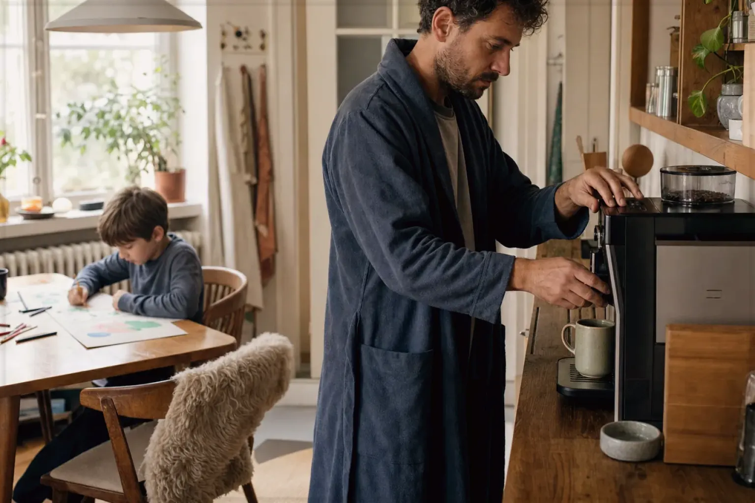 Ein Vater bereitet morgens Kaffee zu, während sein Kind am Küchentisch malt – gezeigt für Kaffeewissen in der Ratgeberübersicht im Orientierungsbereich.