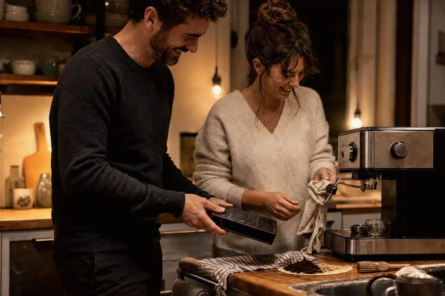 Ein Paar reinigt am Abend gemeinsam und gut gelaunt seine Espressomaschine in der Küche – gezeigt für Kaffeewissen in der Ratgeberübersicht im Orientierungsbereich.
