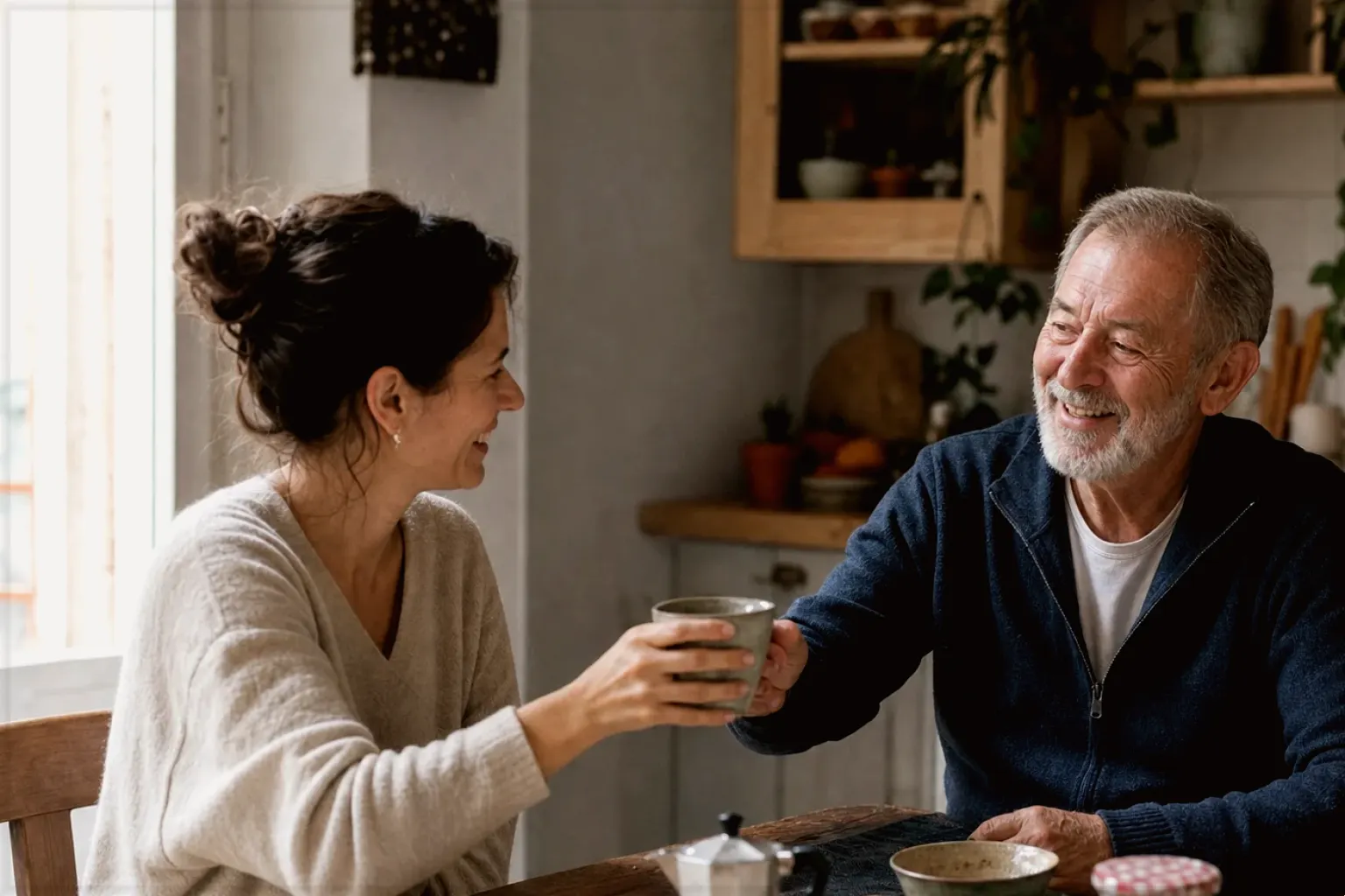Eine erwachsene Tochter und ihr älterer Vater lachen gemeinsam beim Kaffee in ihrer bewohnten Küche – gezeigt für Affiliate-Hinweis im Redaktionsseite.
