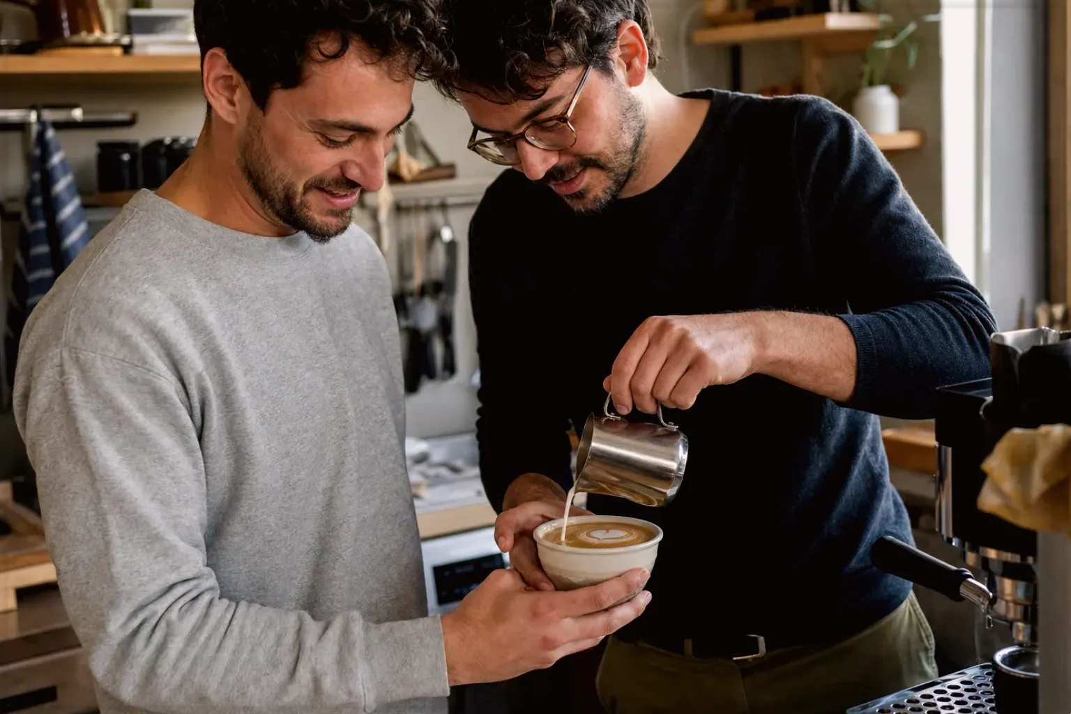 Zwei erwachsene Freunde freuen sich in einer kleinen Küche über ihre gemeinsam gegossene Latte Art – gezeigt für Affiliate-Hinweis im Redaktionsseite.