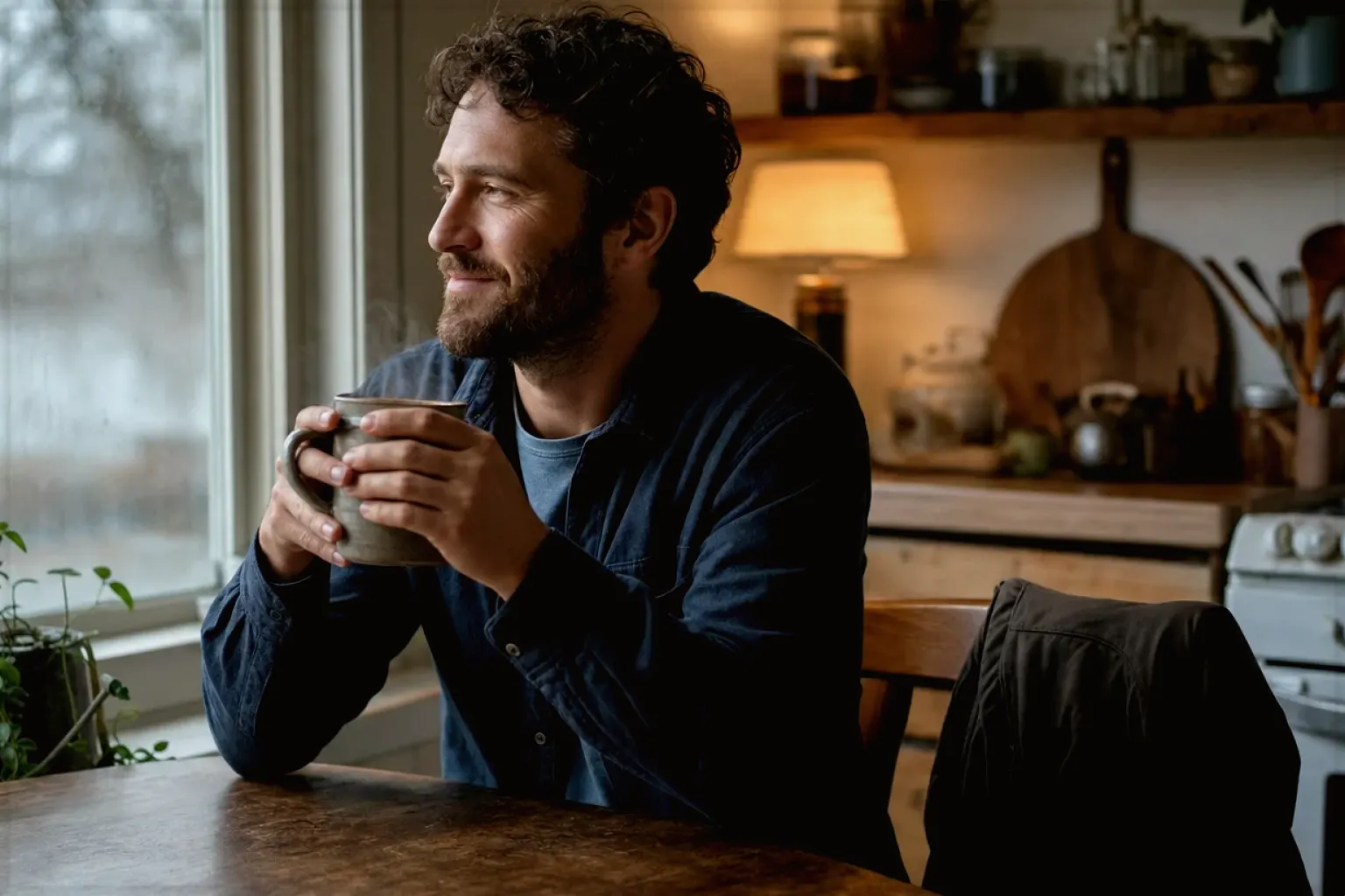Ein Mann hält nach seinem Arbeitstag eine warme Kaffeetasse und blickt entspannt aus dem Küchenfenster – gezeigt für Affiliate-Hinweis im Redaktionsseite.