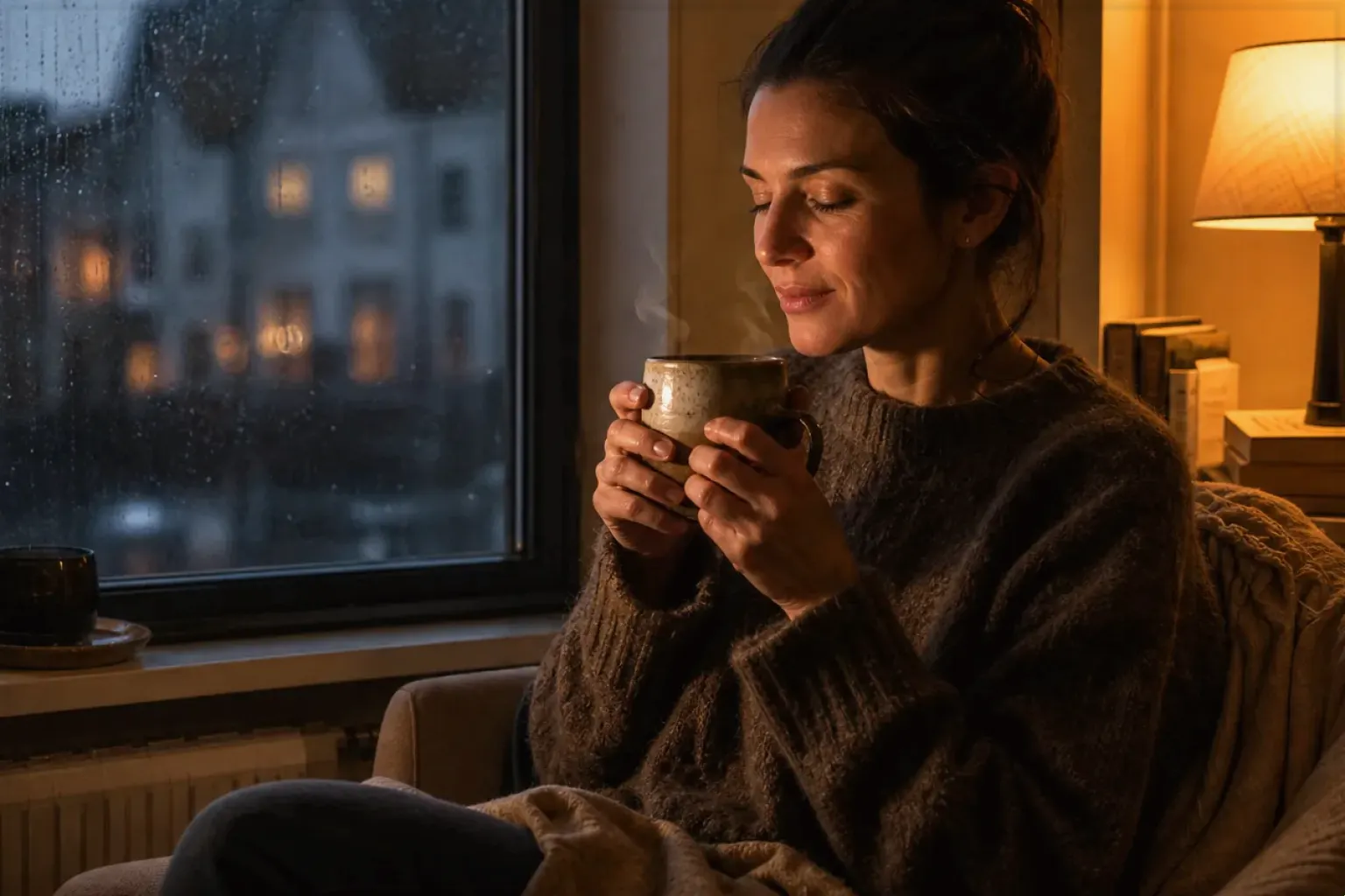 Eine Frau genießt an einem regnerischen Abend ruhig eine warme Tasse Kaffee am Fenster – gezeigt für Affiliate-Hinweis im Redaktionsseite.