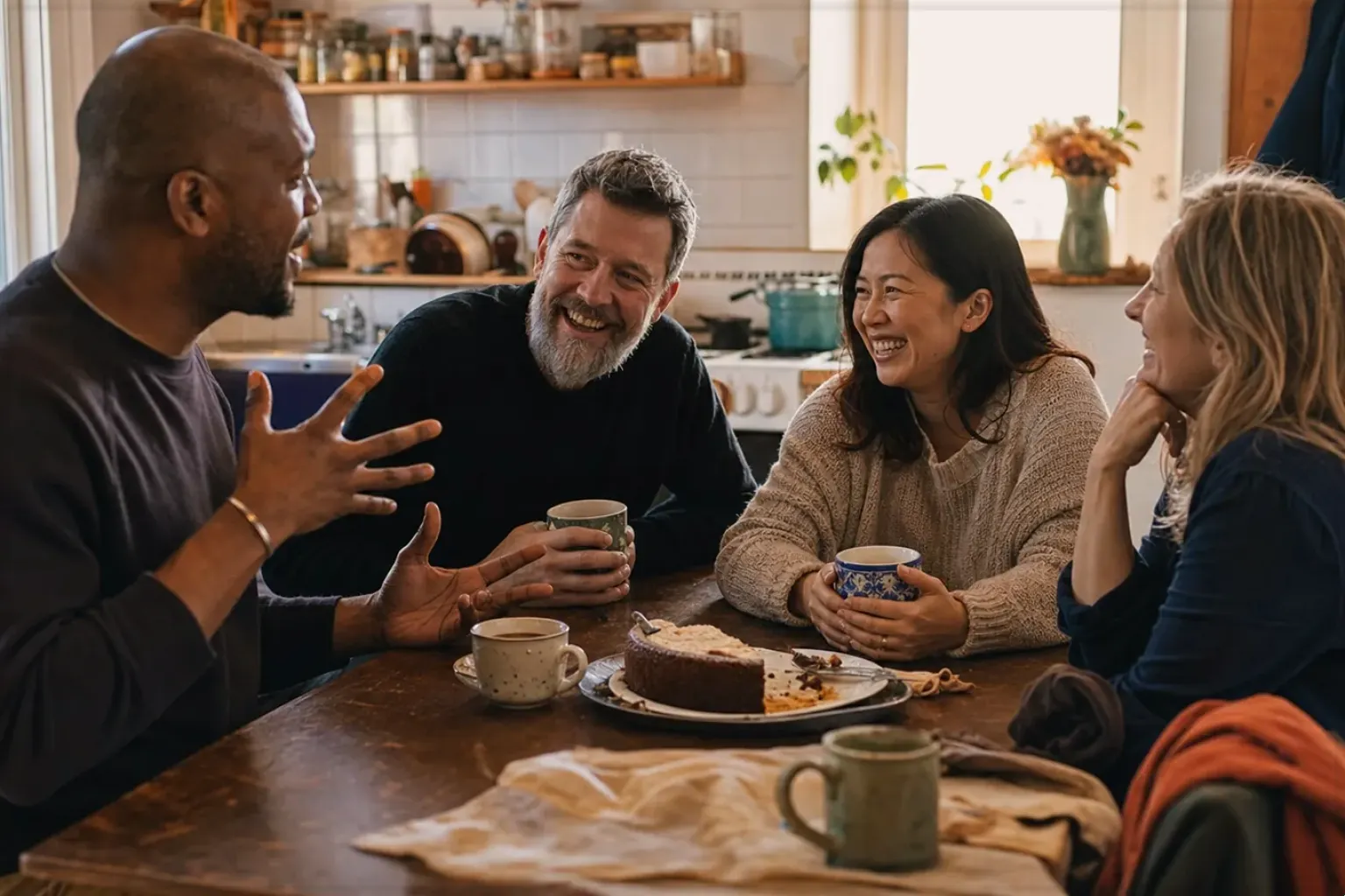 Vier erwachsene Freunde verschiedener Altersgruppen lachen gemeinsam bei Kaffee und selbst gebackenem Kuchen – gezeigt für Affiliate-Hinweis im Redaktionsseite.