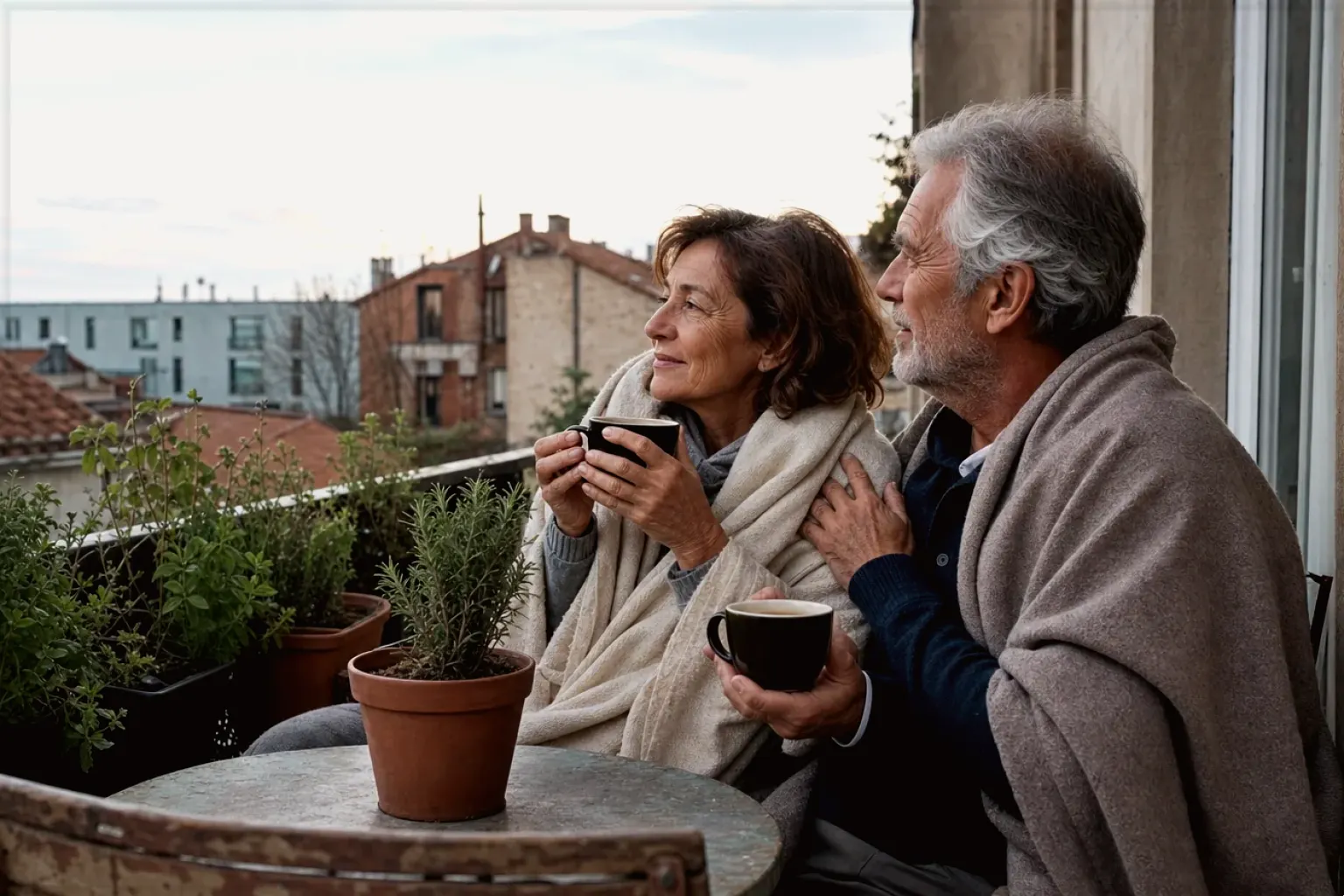 Ein älteres Paar teilt am frühen Morgen Kaffee auf einem kleinen Balkon – gezeigt für Affiliate-Hinweis im Redaktionsseite.