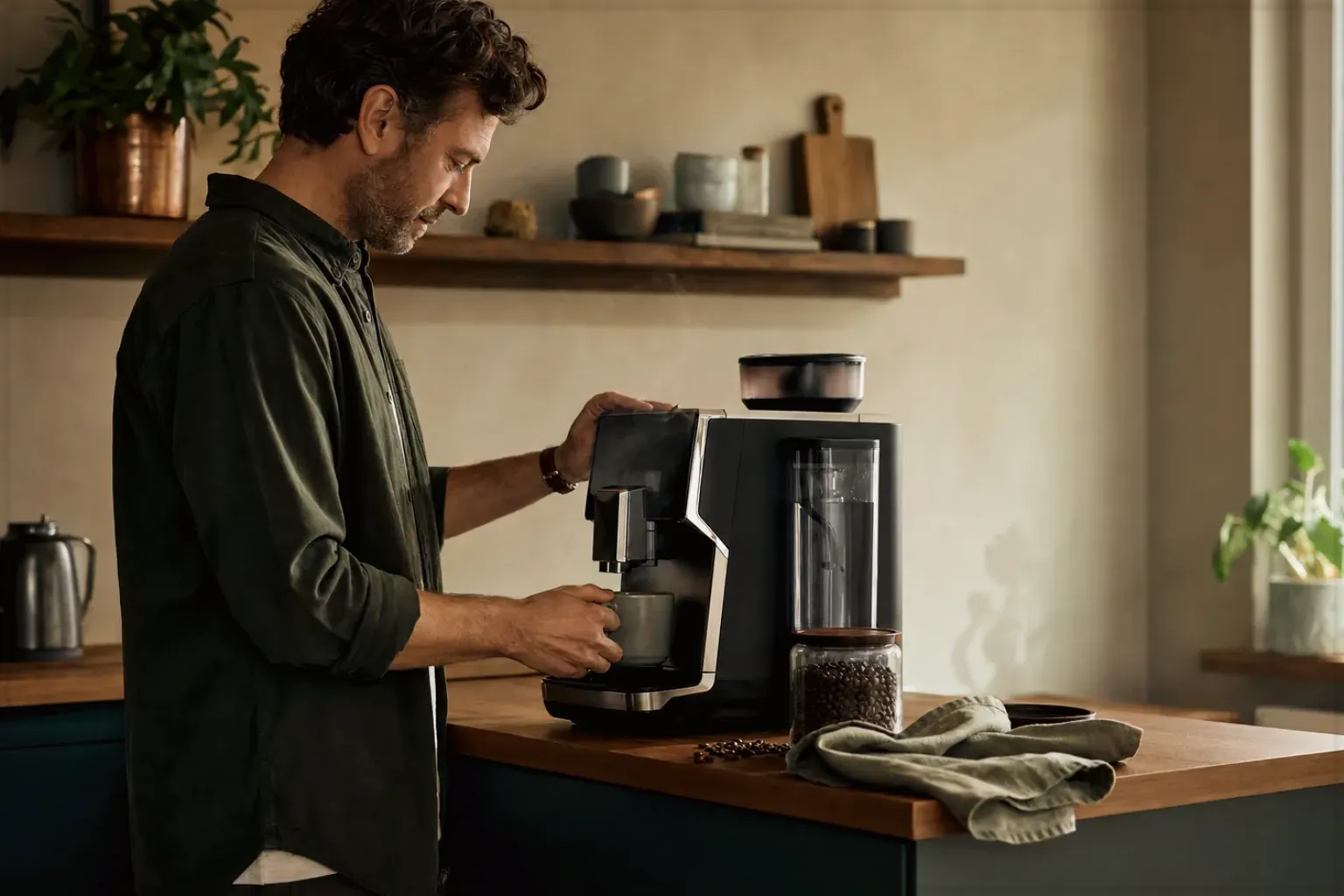 Ein Mann bereitet morgens Kaffee in seiner Küche zu – gezeigt für Affiliate-Hinweis im Redaktionsseite.