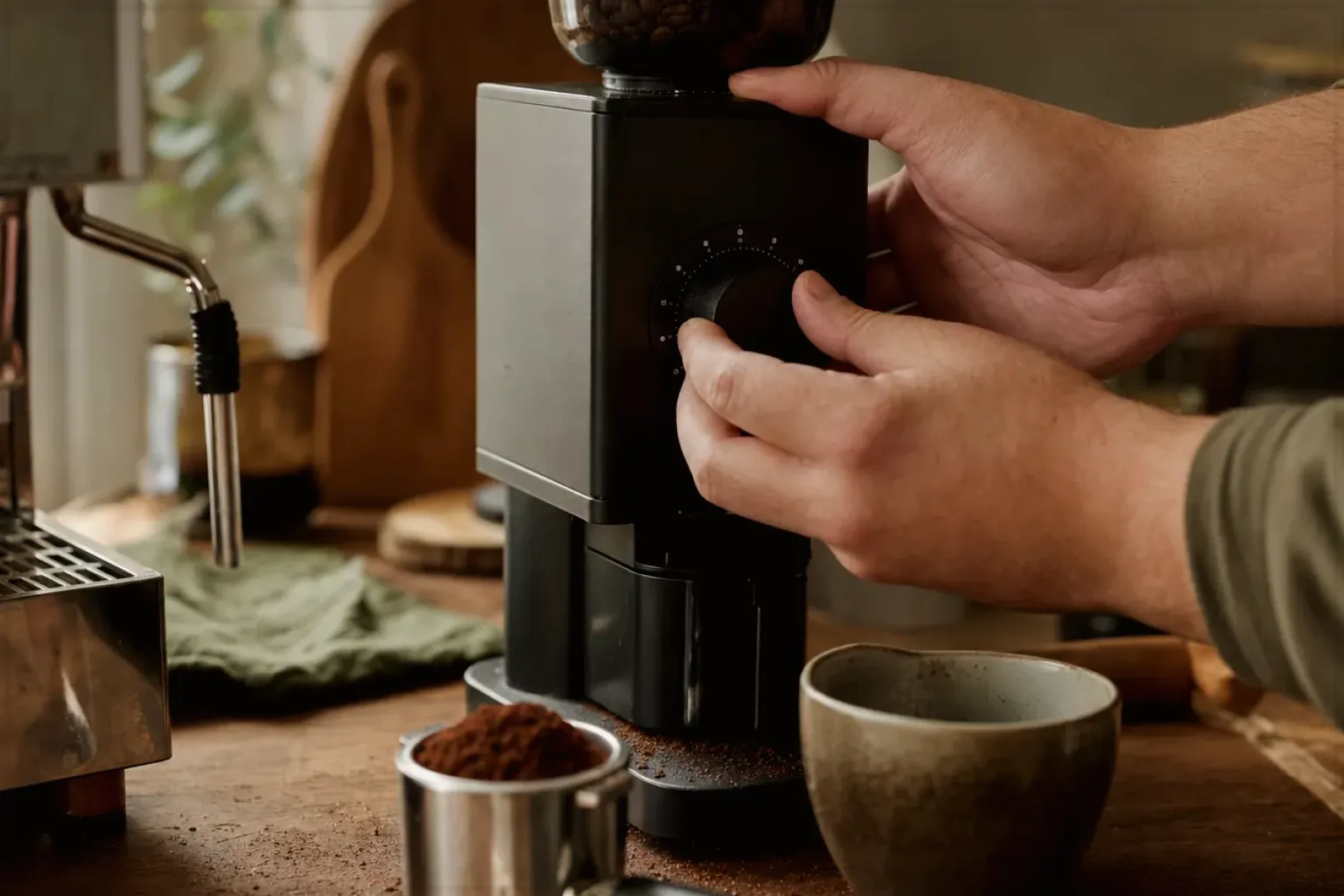 Zwei Hände stellen den Mahlgrad an einer Kaffeemühle neben einer Espressomaschine ein – gezeigt für Affiliate-Hinweis im Redaktionsseite.