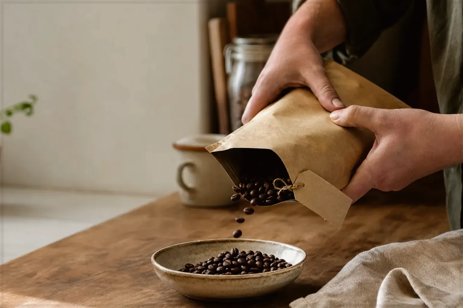 Hände füllen frisch geröstete Kaffeebohnen aus einer Papiertüte in eine Keramikschale – gezeigt für Affiliate-Hinweis im Redaktionsseite.
