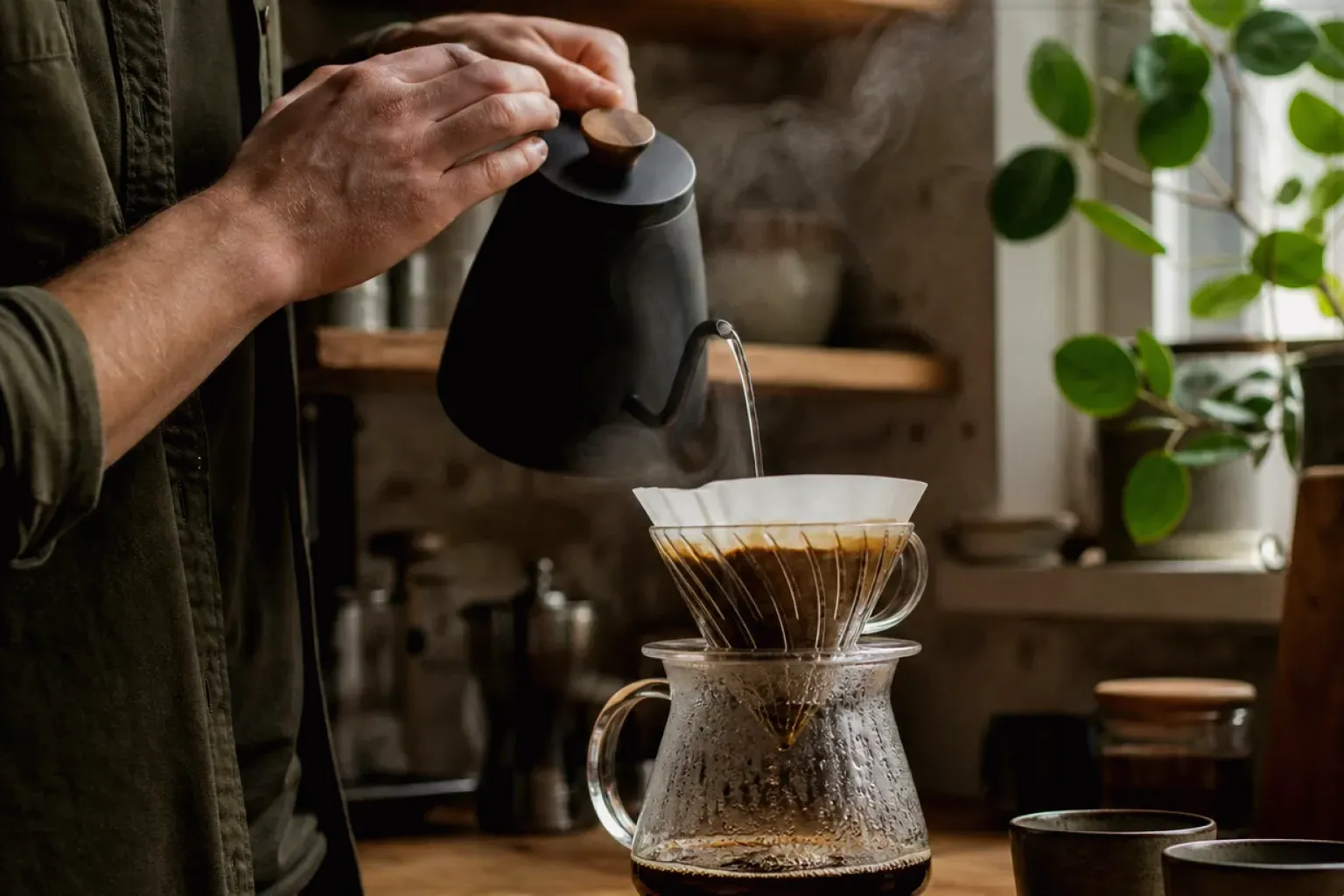 Filterkaffee wird mit einem Schwanenhalskessel von Hand in einer Küche aufgegossen – gezeigt für Affiliate-Hinweis im Redaktionsseite.