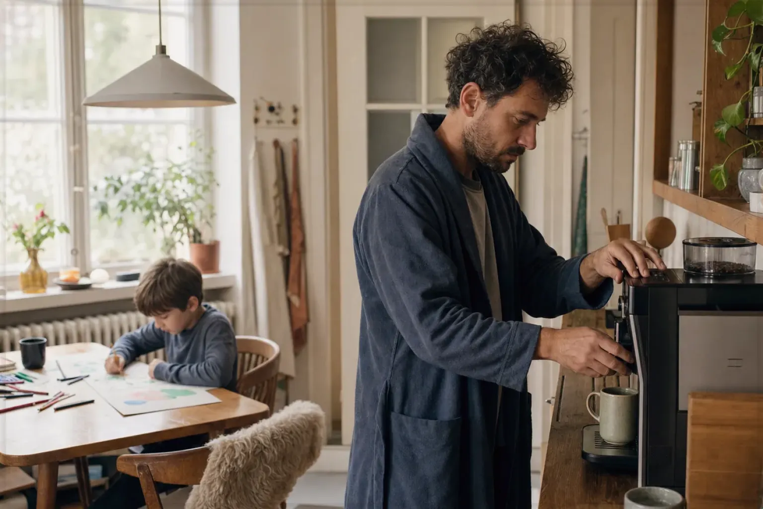 Ein Vater bereitet morgens Kaffee zu, während sein Kind am Küchentisch malt – gezeigt für Affiliate-Hinweis im Redaktionsseite.